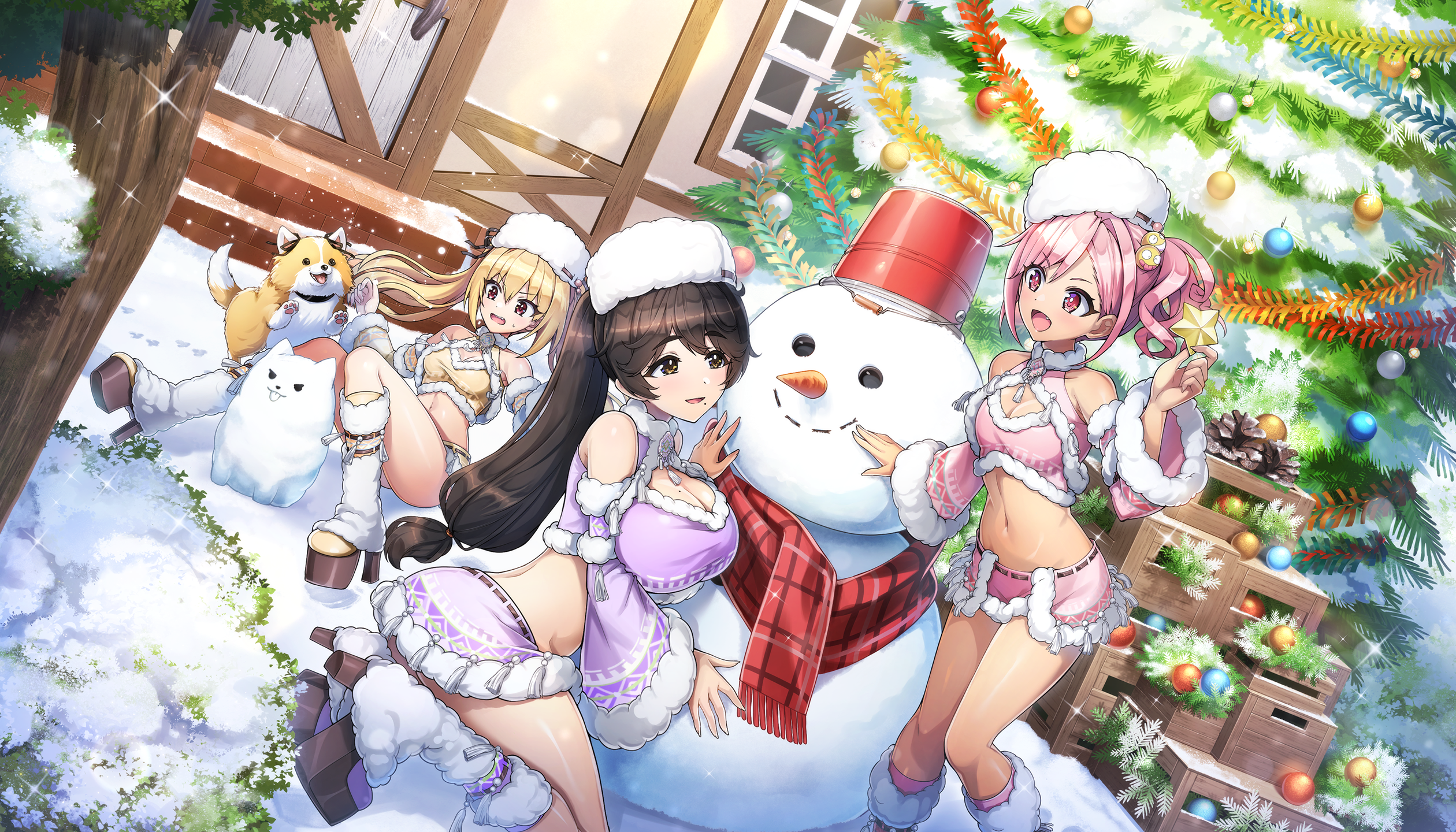 ootomo takuji, kazami ellen, urami kana, yamaba yume, dolphin wave, game cg, highres, non-web source, official art, 3girls, :d, :o, animal, bikini, bikini skirt, blonde hair, breasts, brown eyes, brown hair, building snowman, capelet, christmas, christmas ornaments, christmas tree, cleavage, dark-skinned female, dark skin, day, detached sleeves, dog, fang, fur-trimmed bikini, fur-trimmed capelet, fur-trimmed headwear, fur-trimmed sleeves, fur trim, hair bobbles, hair intakes, hair ornament, high heels, kneeling, large breasts, long hair, looking at another, low-tied long hair, medium hair, midriff, mole, mole on breast, mole under mouth, multiple girls, navel, open mouth, outdoors, parted lips, pink bikini, pink eyes, pink hair, ponytail, purple bikini, red eyes, red scarf, santa bikini, santa costume, scarf, side ponytail, sitting, small breasts, smile, snow, snowing, snowman, star ornament, surprised, swimsuit, twintails, winter clothes, yellow bikini