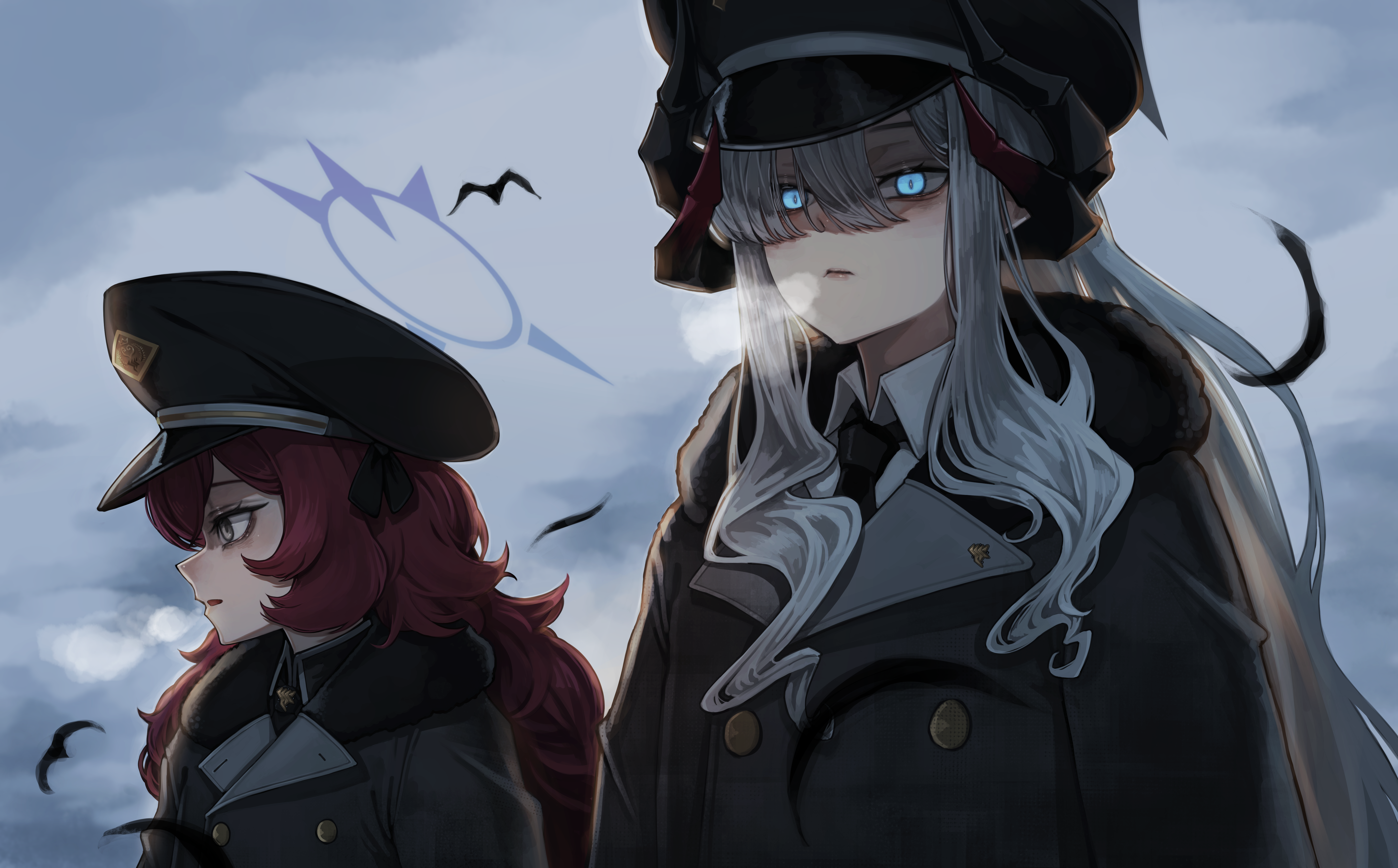 holong5020, iroha (blue archive), makoto (blue archive), blue archive, fluffy hair, absurdres, commentary, highres, 2girls, alternate costume, black coat, black halo, black hat, black horns, black necktie, black shirt, blue eyes, breath, coat, collared shirt, curved horns, demon girl, demon horns, fur-trimmed coat, fur trim, gehenna academy logo, glowing, glowing eyes, gradient horns, grey eyes, grey hair, grey sky, halo, hat, horns, insignia, long hair, military uniform, multicolored horns, multiple girls, multiple horns, necktie, overcast, parted lips, peaked cap, purple halo, red hair, shirt, simple bird, sky