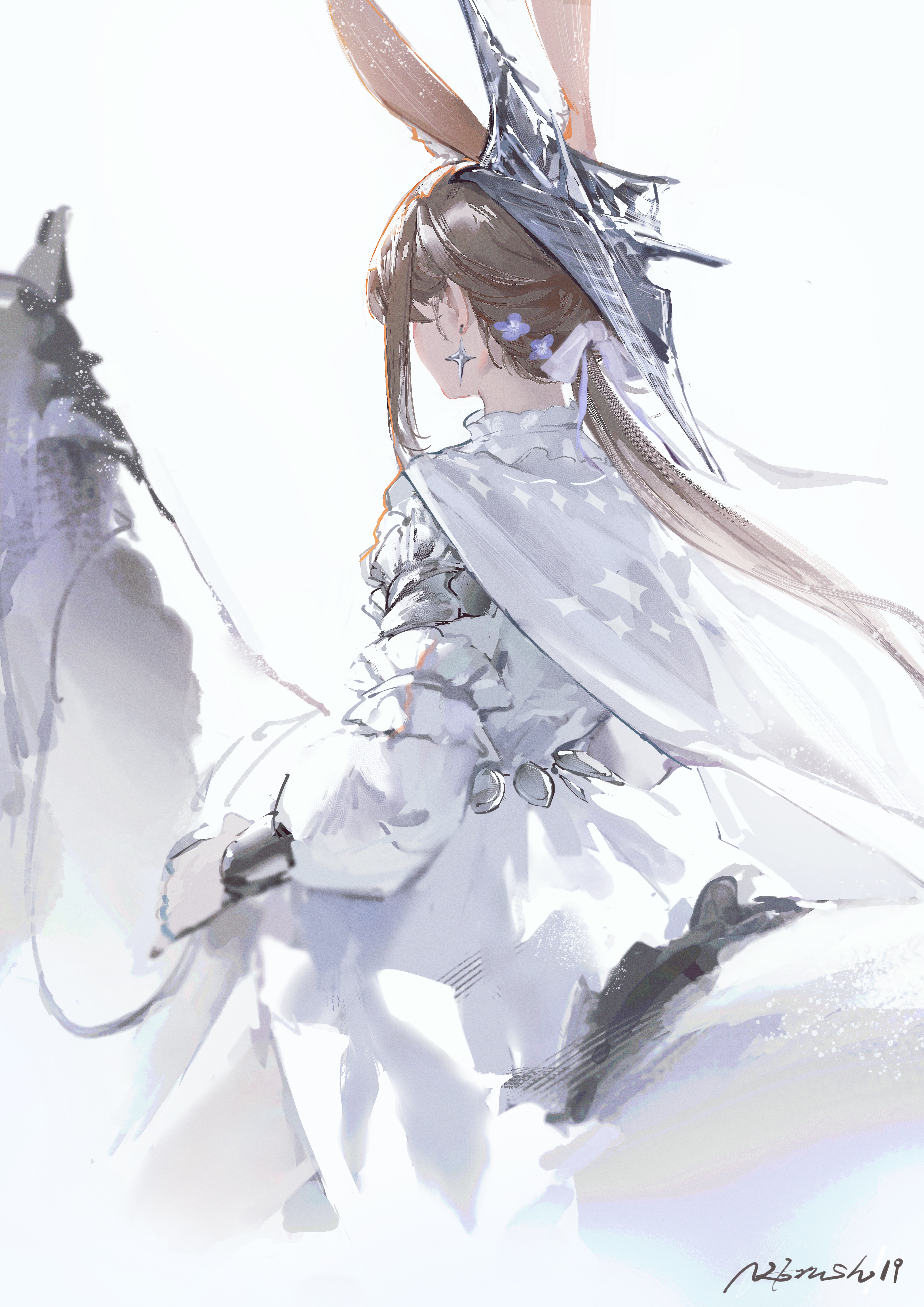 nbrush19, amiya (arknights), amiya (guard) (arknights), arknights, absurdres, commentary request, highres, 1girl, amiya (guard) (in a myriad of universes) (arknights), animal ears, artist name, bag, braid, brown hair, capelet, dress, earrings, horseback riding, jewelry, long hair, rabbit ears, riding, simple background, solo, white background, white capelet, white horse