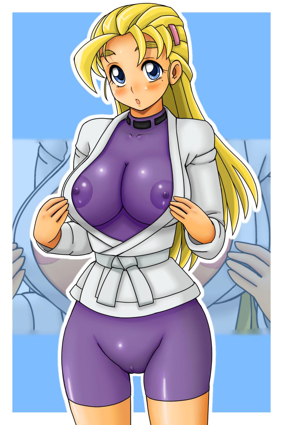 tsumitani daisuke, furinji miu, shijou saikyou no deshi ken'ichi, highres, 00s, 10s, 1girl, blonde hair, blue eyes, blush, breasts, cameltoe, cleavage, female focus, long hair, mole, nipples, solo