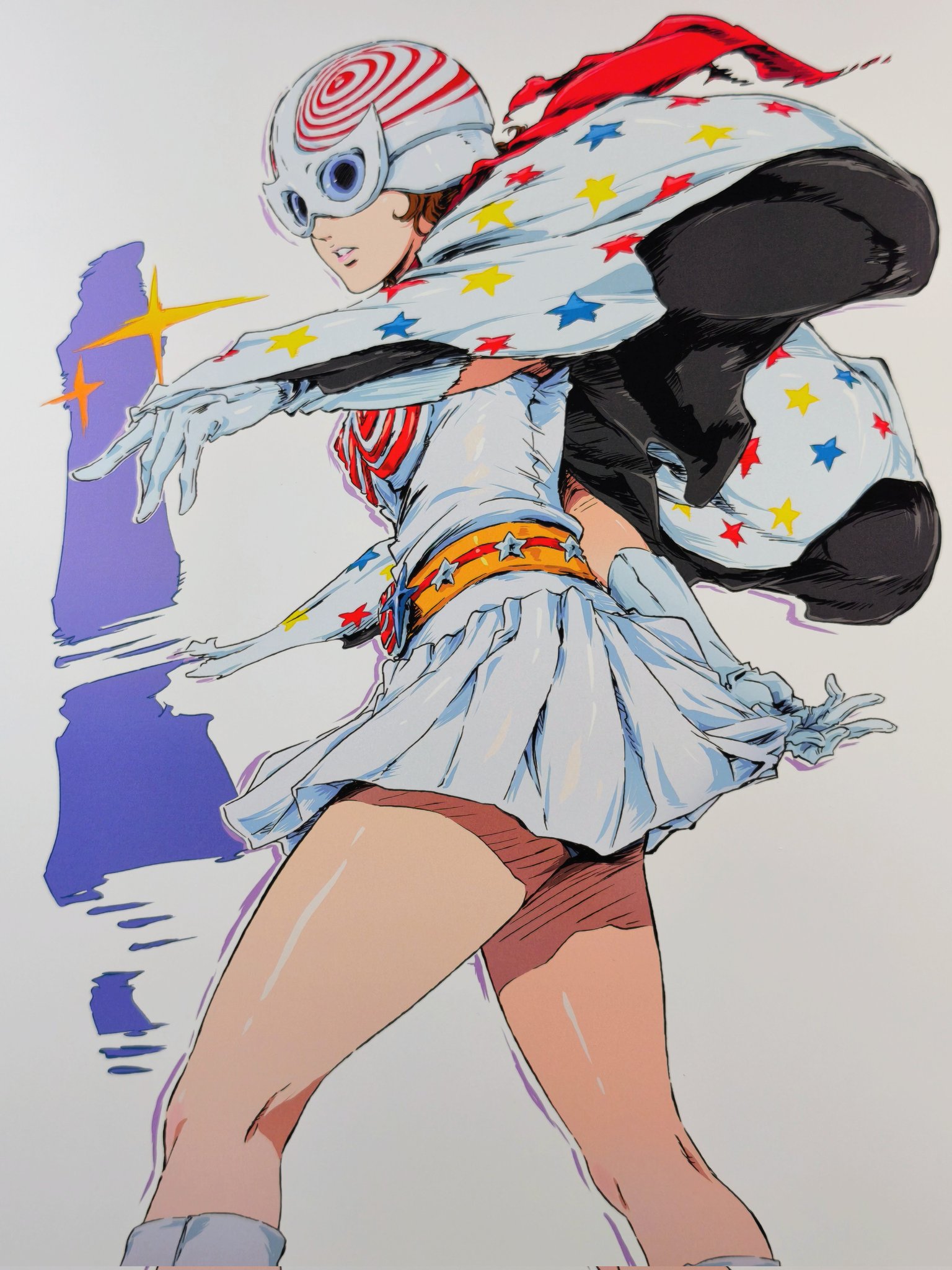 bellstar, the kagestar, tokusatsu, commentary, highres, 1girl, belt, brown hair, cape, covered eyes, feet out of frame, gloves, helmet, miniskirt, parted lips, pleated skirt, print cape, red scarf, scarf, shirt, short hair, skirt, smash k-tarou, solo, sparkle, standing, star (symbol), star print, thighs, turning head, white cape, white gloves, white helmet, white shirt, white skirt, yellow belt