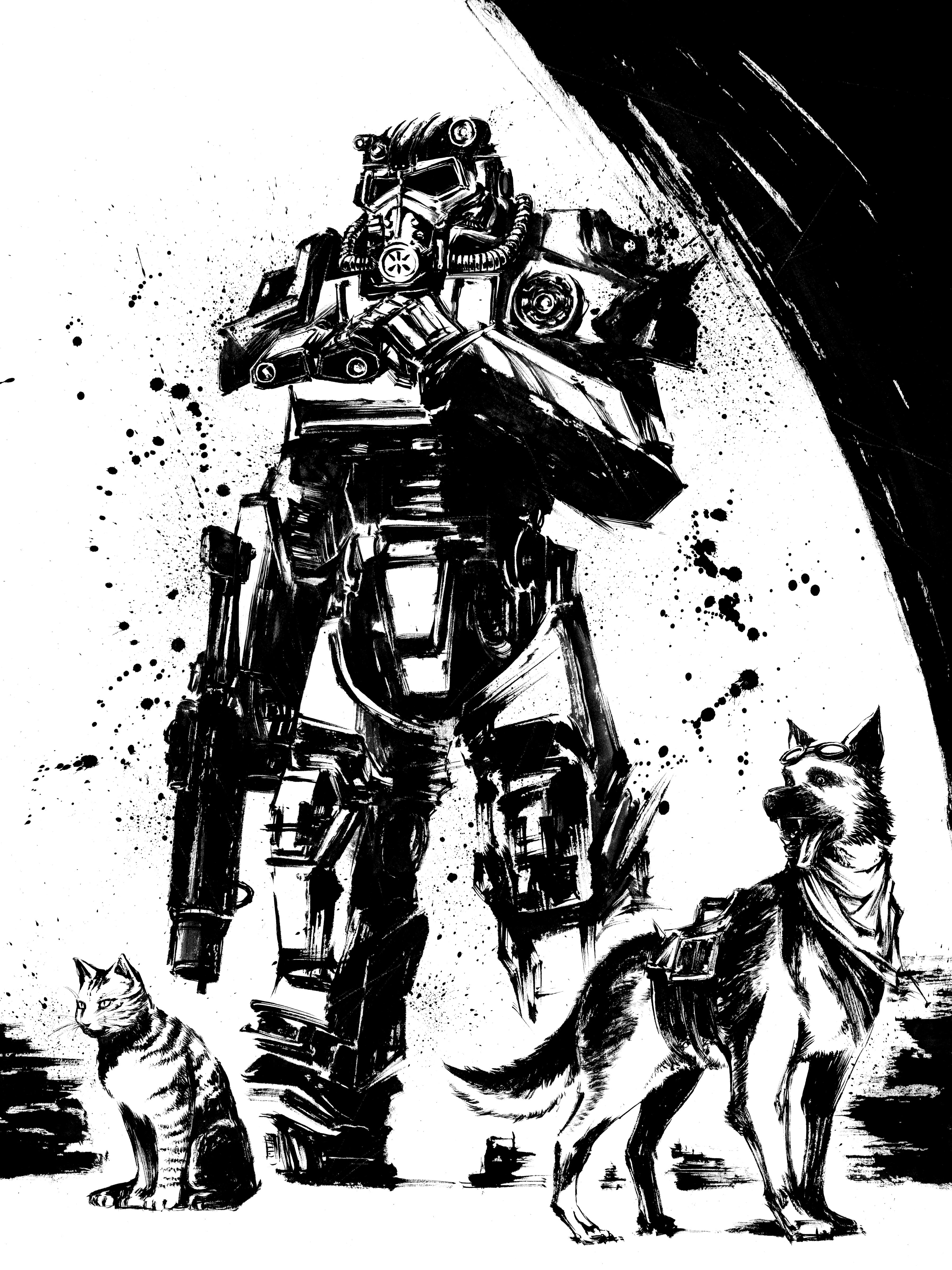 dogmeat, fallout, fallout 4, absurdres, commentary request, highres, second-party source, 1other, animal, armor, binoculars, brotherhood of steel, cat, dog, full armor, full body, german shepherd, goggles, goggles on head, greyscale, gun, holding, holding binoculars, holding gun, holding weapon, monochrome, okazu (sumi-e), power armor, power armor (fallout), solo, standing, weapon