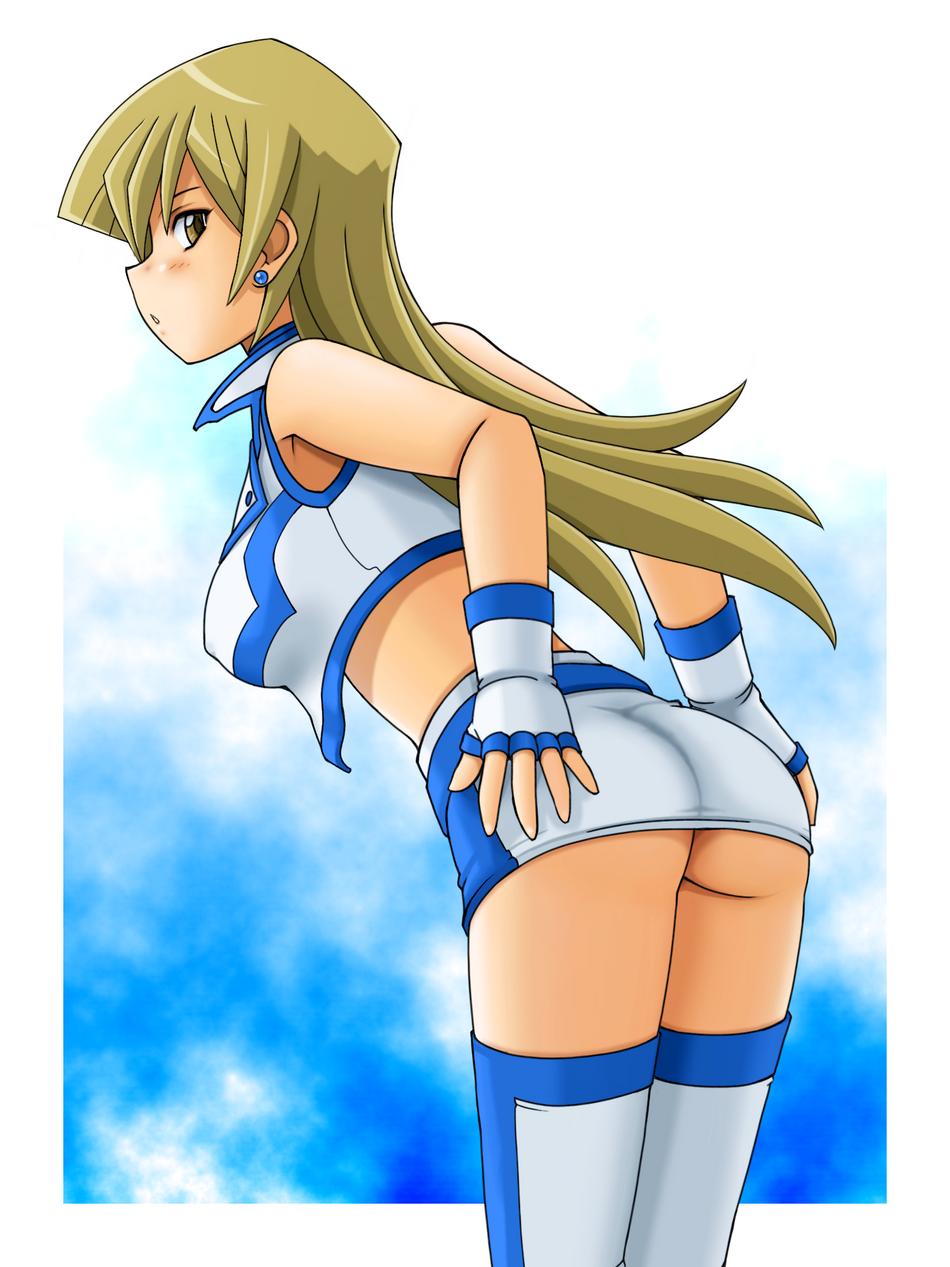 tsumitani daisuke, tenjouin asuka, yu-gi-oh!, yu-gi-oh! gx, white uniform, highres, 1girl, ass, blonde hair, blush, breasts, cleavage, gluteal fold, society of light