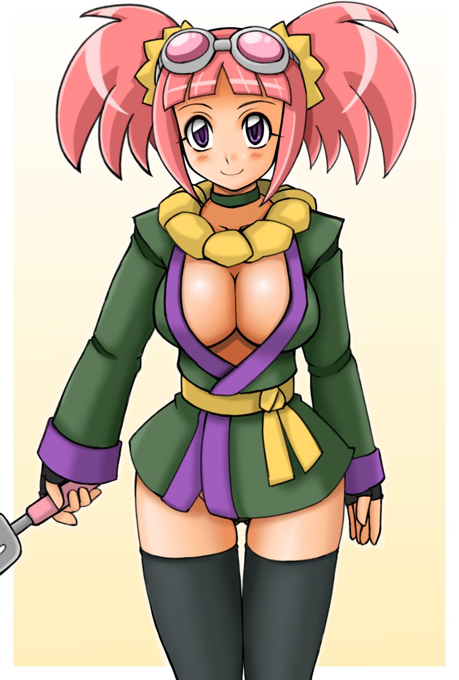 tsumitani daisuke, tatsuno malm, climax entertainment, dinosaur king, sega, highres, tagme, 00s, blush, breasts, cleavage, smile