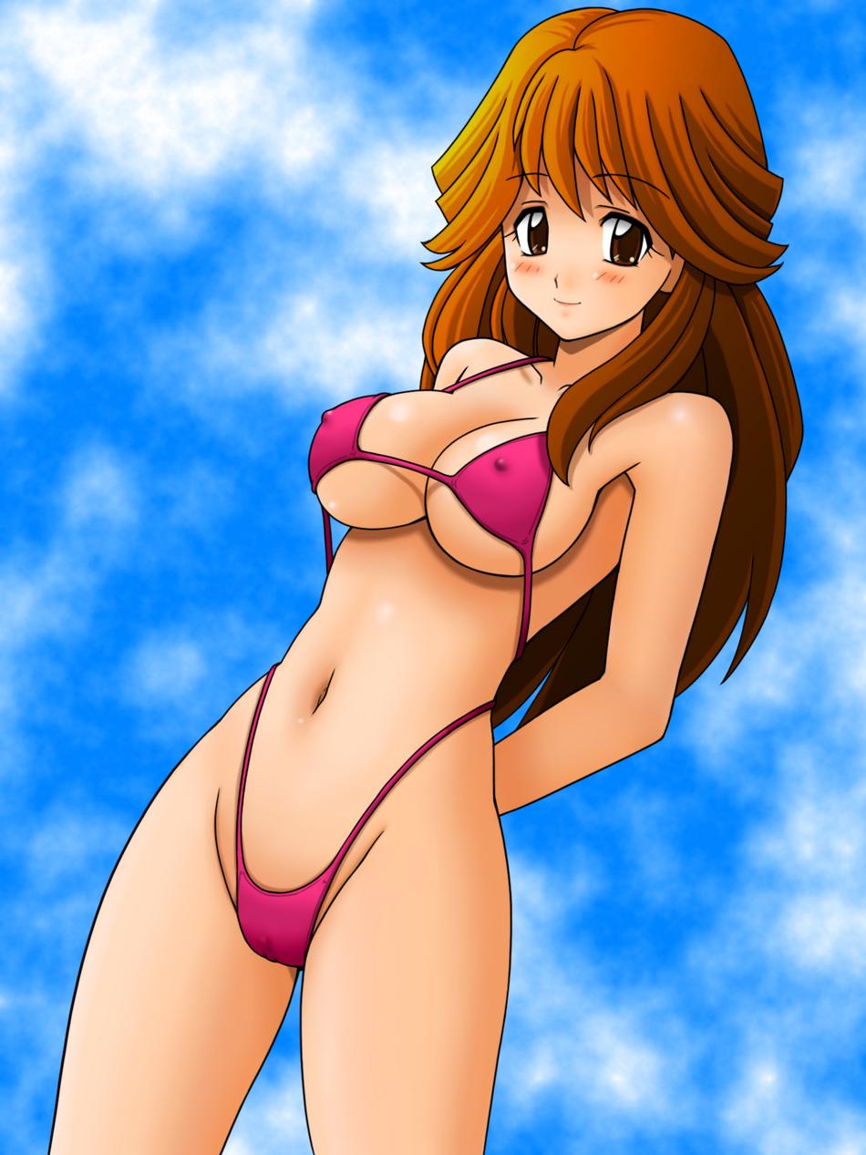 highres, 1girl, bikini, blush, breasts, brown eyes, cameltoe, cleavage, female focus, looking at viewer, nipples, smile, solo, swimsuit