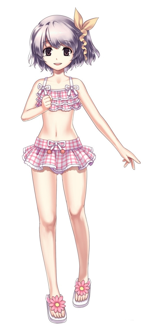 hirano katsuyuki, may (cross edge), cross edge, official art, 1girl, bikini, bikini skirt, brown eyes, clenched hand, collarbone, female focus, flip-flops, flower, frills, full body, grey hair, hair ornament, hand up, looking at viewer, miniskirt, navel, open mouth, purple hair, ribbon, sandals, shoes, short hair, simple background, skirt, smile, solo, standing, swimsuit, tankini, toes, white background