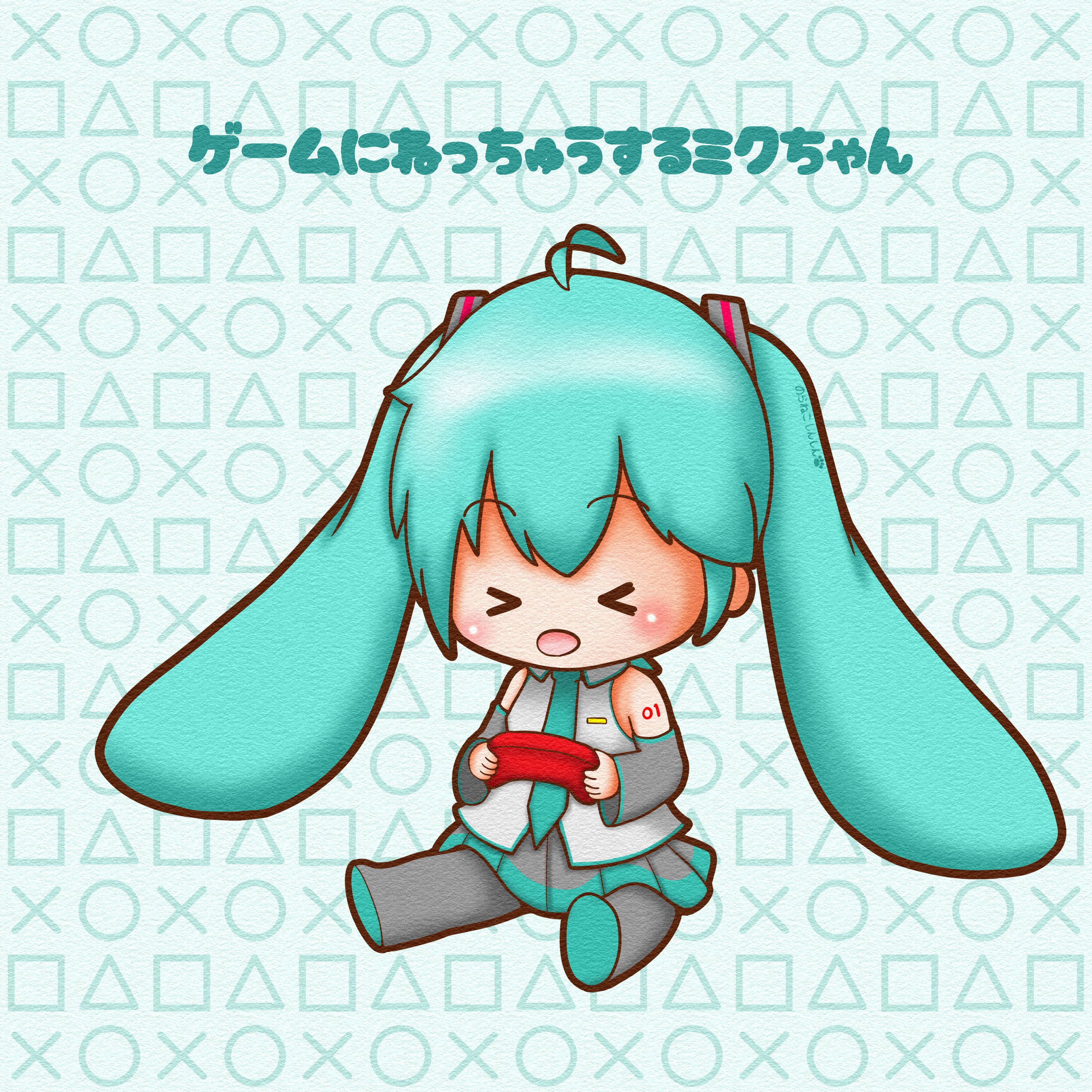 sh1n chan, hatsune miku, vocaloid, absurdres, highres, > <, 1girl, ahoge, aqua hair, aqua necktie, chibi, chibi only, closed eyes, controller, full body, game controller, holding, holding controller, holding game controller, long hair, necktie, open mouth, playstation symbols, sitting, solo, twintails, very long hair