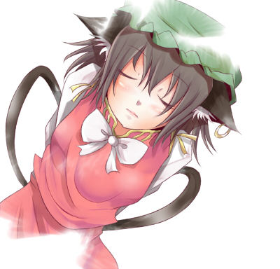 shuga (soranote), chen, touhou, bad id, bad pixiv id, lowres, 1girl, animal ears, black hair, blush, bow, bowtie, cat ears, cat girl, closed eyes, earrings, female focus, hat, jewelry, solo