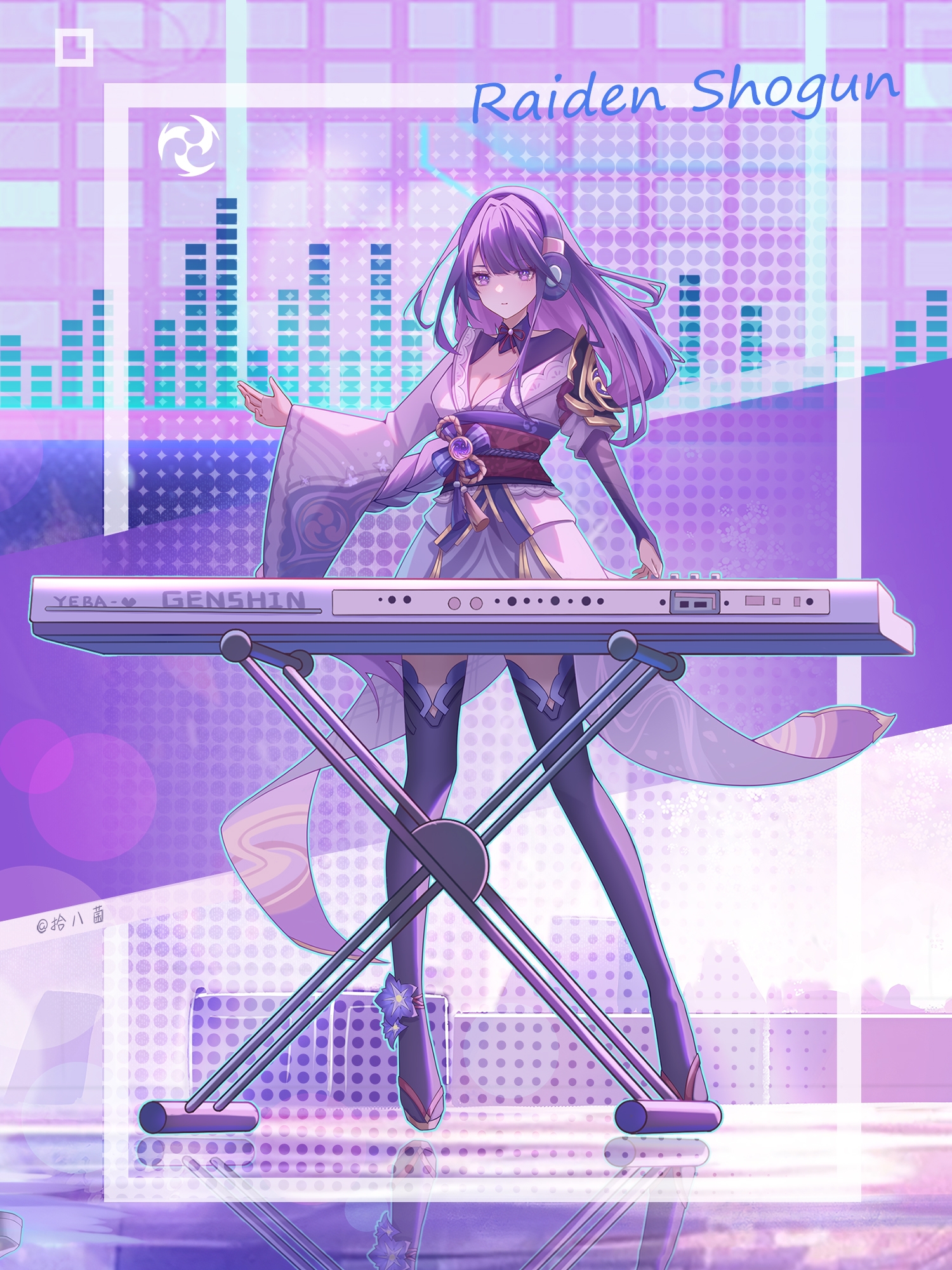 shibajun, raiden shogun, genshin impact, commentary request, highres, 1girl, asymmetrical sleeves, blunt bangs, breasts, bridal gauntlets, character name, cleavage, closed mouth, clothing cutout, full body, headphones, instrument, japanese clothes, kimono, large breasts, light smile, long hair, music, neck ribbon, off shoulder, piano, playing instrument, purple background, purple eyes, purple hair, purple kimono, purple thighhighs, red ribbon, red sash, reflection, ribbon, sash, shade, shoulder cutout, solo, standing, thighhighs, uneven sleeves, wide sleeves