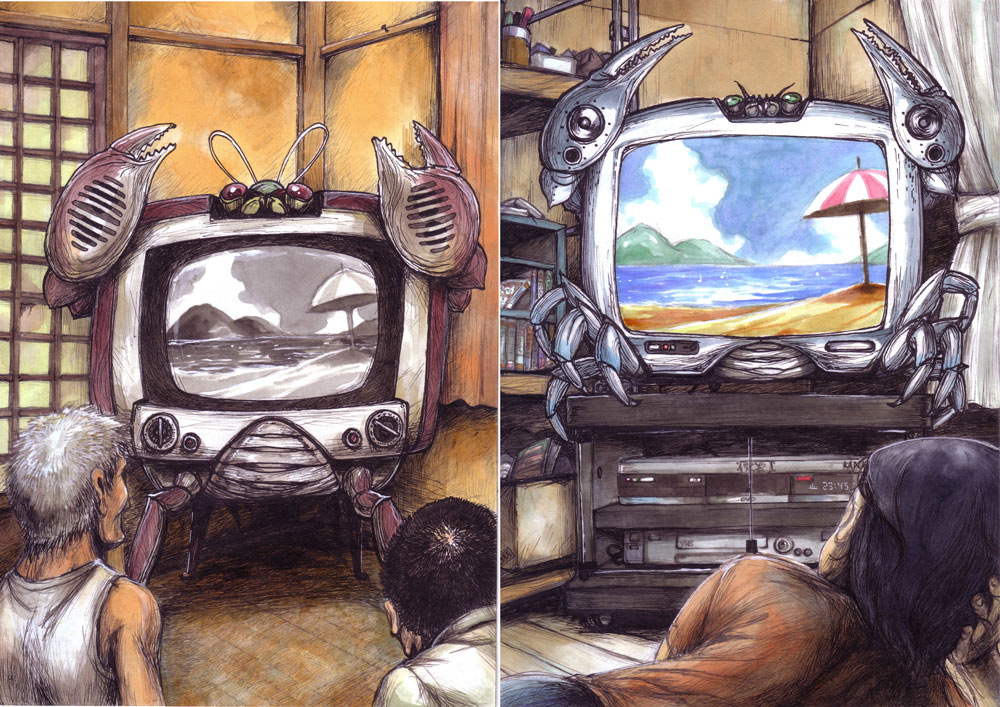 kuroda asaki, mugi asaki, original, traditional media, 1girl, 2boys, beach, crab, multiple boys, robot, science fiction, television