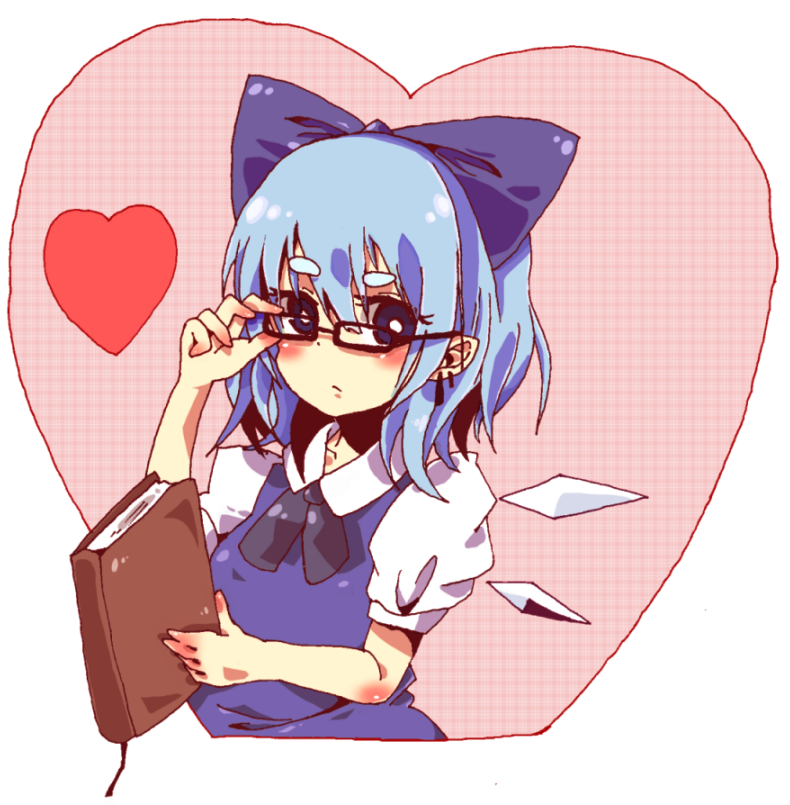 wataame (quality), watatiyo, cirno, embodiment of scarlet devil, touhou, bad id, bad pixiv id, 1girl, bespectacled, blue eyes, blue hair, blush, book, bow, female focus, glasses, hair bow, heart, matching hair/eyes, solo