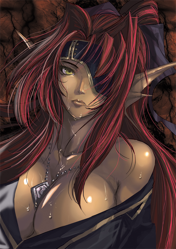 teddypocky, demonika, alcheliz, 1girl, breasts, cleavage, dark-skinned female, dark skin, elf, eyepatch, female focus, jewelry, large breasts, long hair, necklace, pointy ears, red hair, solo, yellow eyes