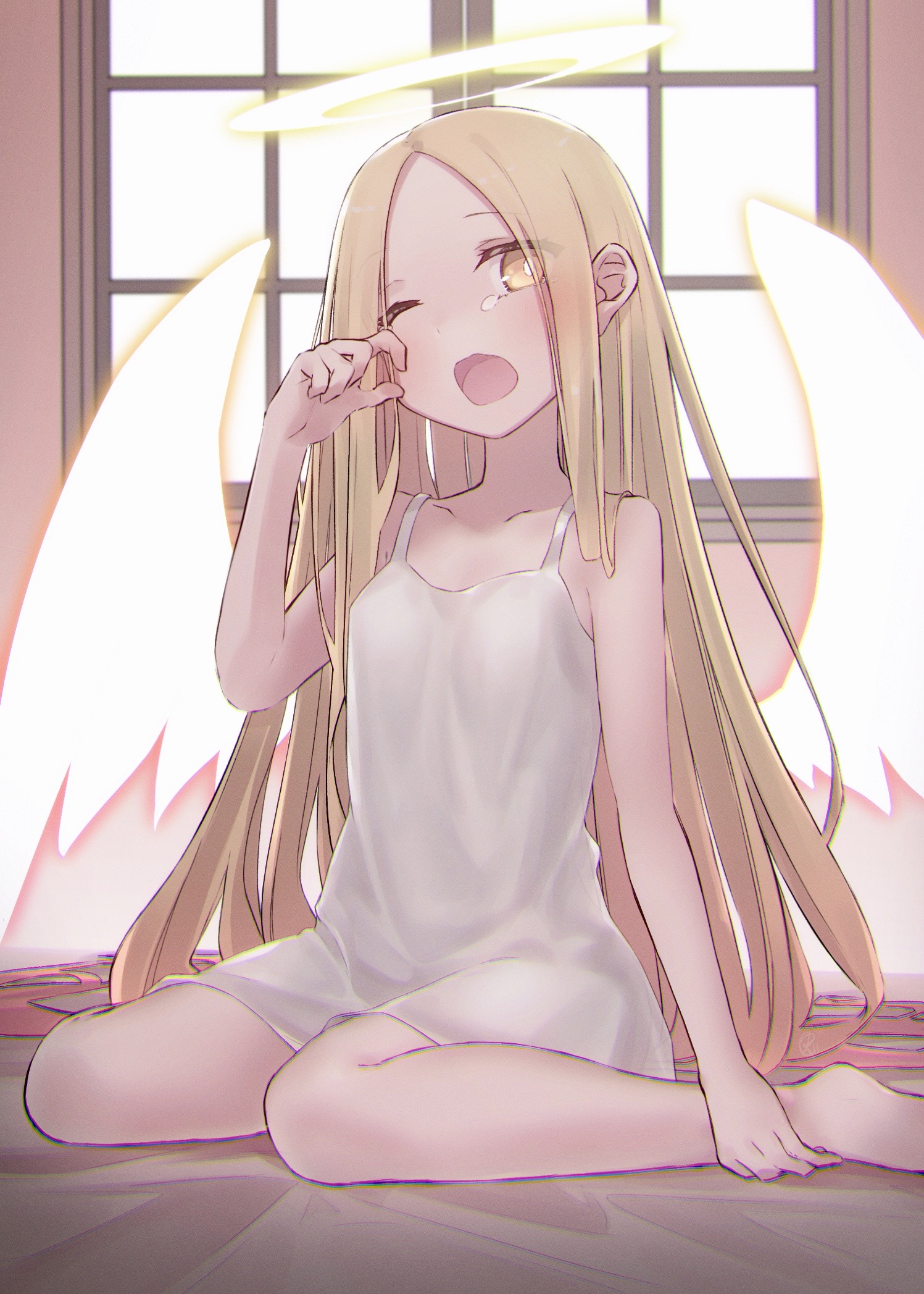 yubeshi (zecxl), v/v, angel notes, highres, 1girl, angel wings, bare shoulders, barefoot, blonde hair, blush, breasts, dress, forehead, halo, long hair, looking at viewer, one eye closed, open mouth, parted bangs, sitting, small breasts, solo, white dress, window, wings, yawning, yellow eyes