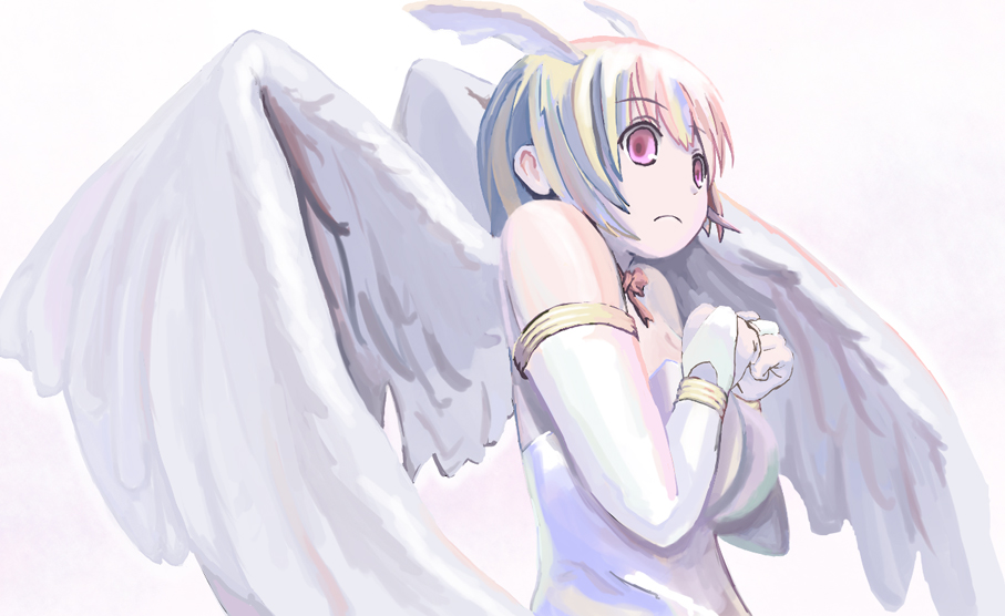 microdrive, angel (mf), angel (monster farm), monster farm, bad id, bad pixiv id, 1990s (style), 1girl, angel wings, breasts, breasts squeezed together, elbow gloves, female focus, gloves, gradient hair, head wings, multicolored hair, purple eyes, retro artstyle, solo, wings
