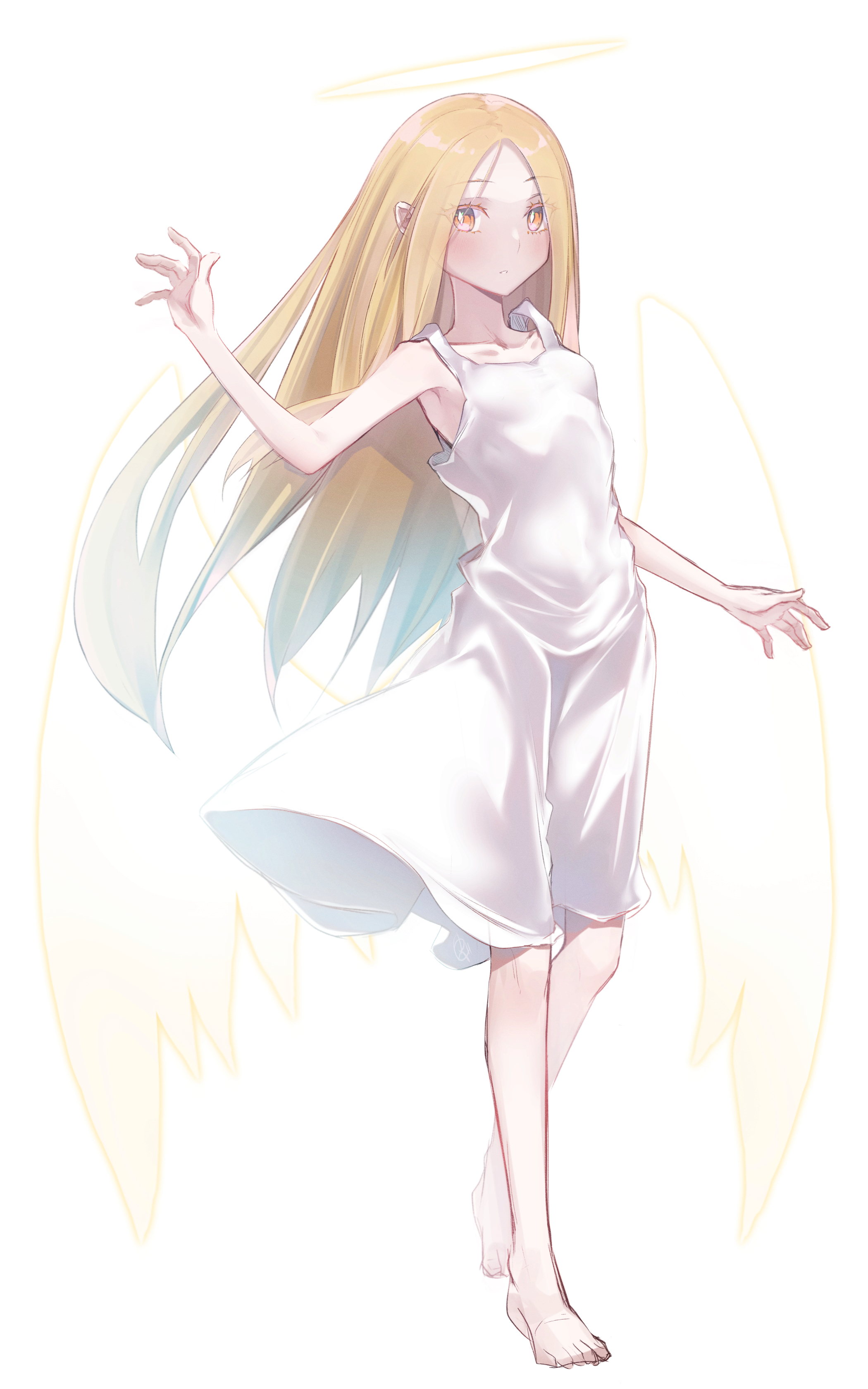 yubeshi (zecxl), v/v, angel notes, absurdres, highres, 1girl, angel wings, bare shoulders, barefoot, blonde hair, blush, breasts, dress, forehead, full body, halo, long hair, looking at viewer, parted bangs, small breasts, solo, white dress, wings, yellow eyes