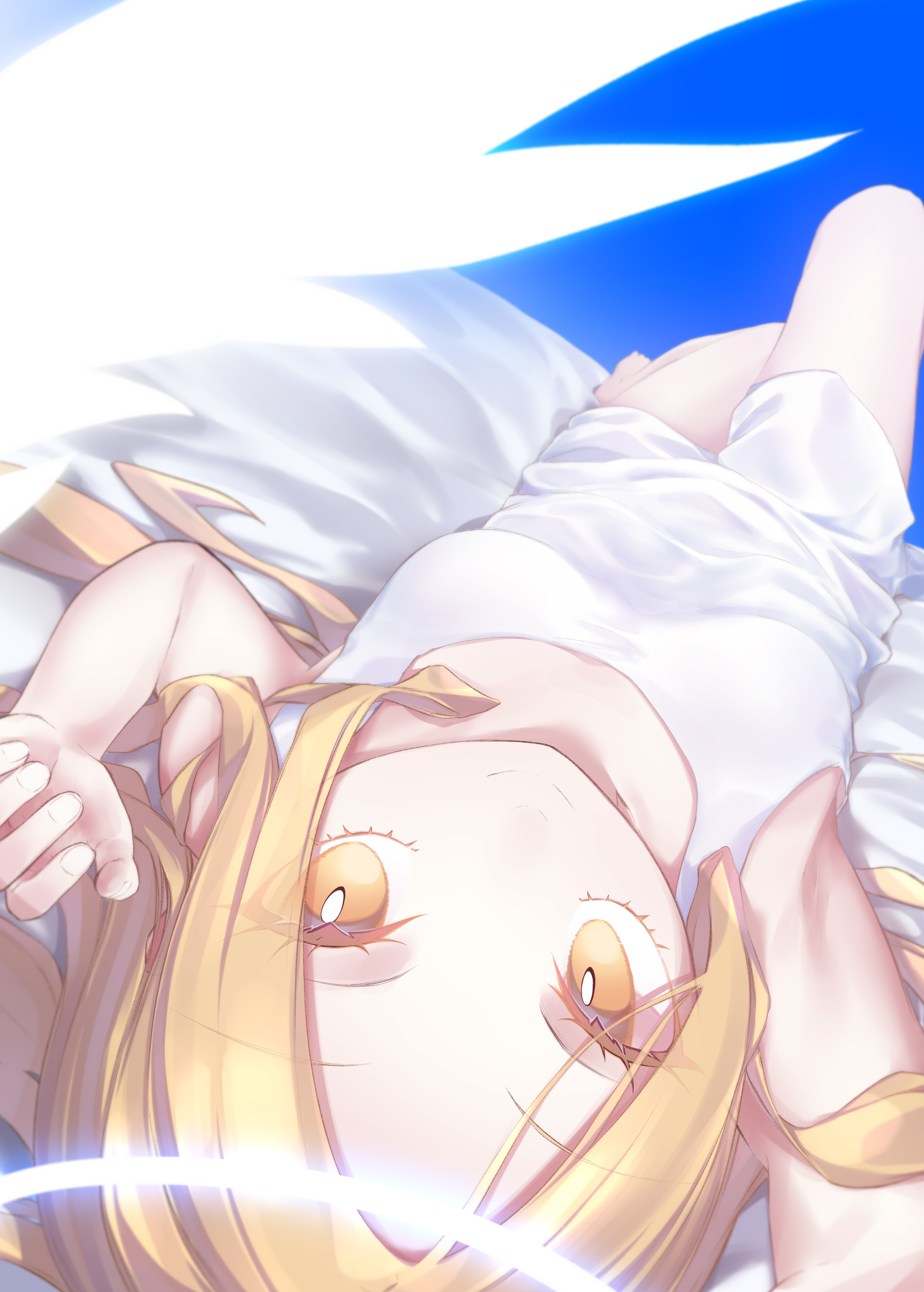 yubeshi (zecxl), v/v, angel notes, absurdres, highres, 1girl, angel wings, bare shoulders, blonde hair, breasts, dress, forehead, halo, long hair, looking at viewer, lying, on back, parted bangs, small breasts, smile, solo, white dress, wings, yellow eyes