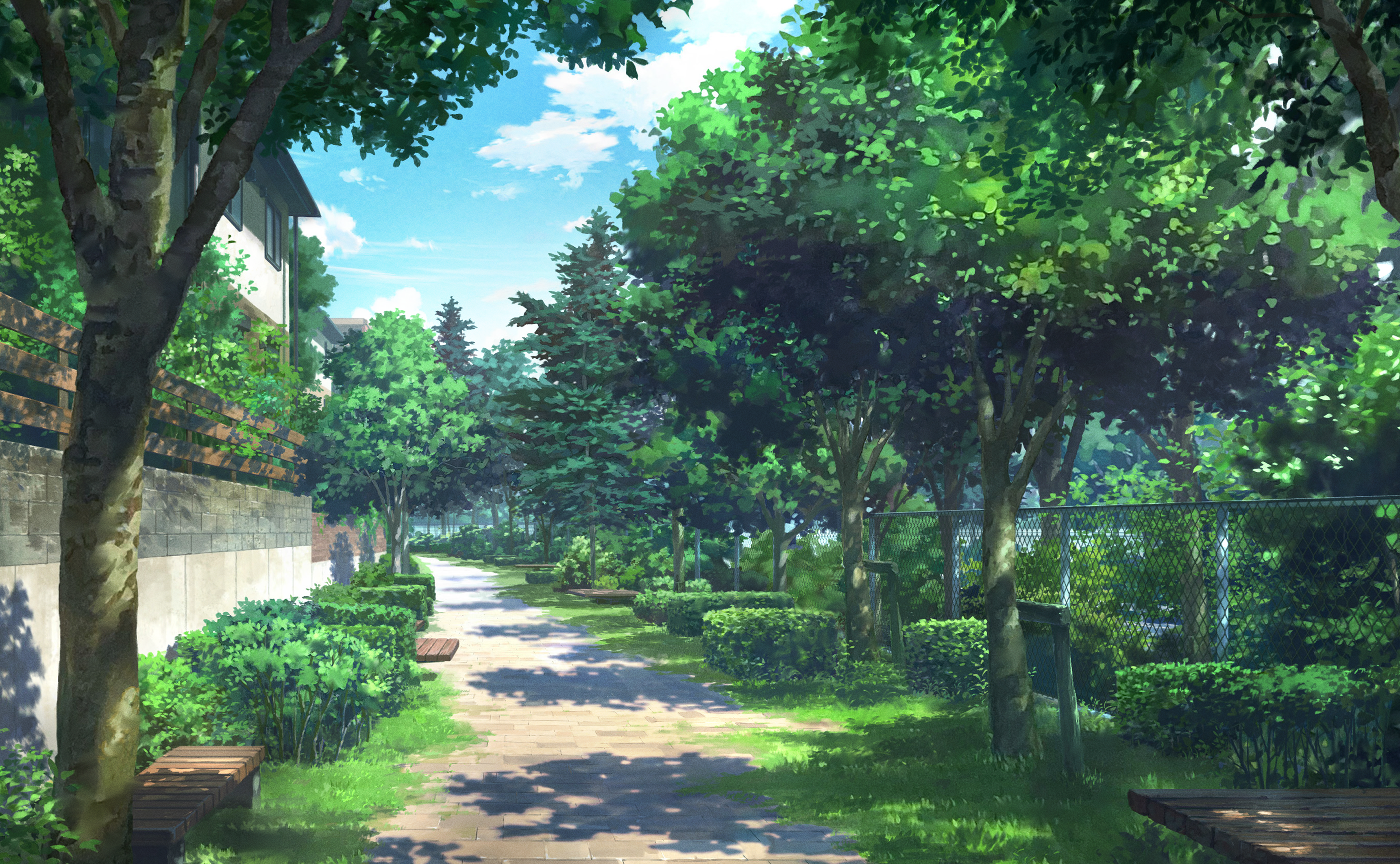 original, absurdres, commentary request, highres, bench, blue sky, chain-link fence, day, fence, hedge, no humans, outdoors, park, path, road, scenery, shadow, sky, table, tk (ekua3522), tree