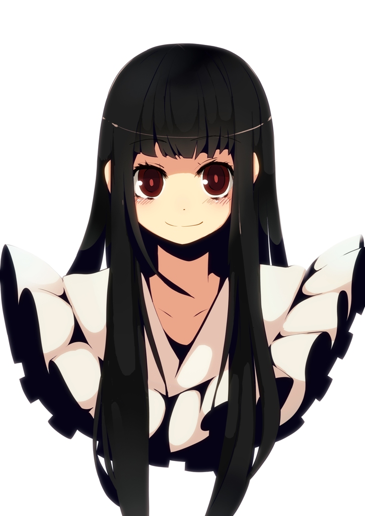 fuurin (omaemona), houraisan kaguya, touhou, bad id, bad pixiv id, 1girl, black hair, blunt bangs, female focus, hime cut, red eyes, simple background, smile, solo, upper body, white background