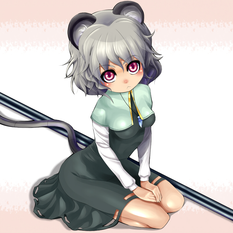 umigarasu (kitsune1963), nazrin, touhou, 1girl, :<, animal ears, female focus, full body, grey hair, jewelry, mouse ears, mouse tail, necklace, pendant, red eyes, short hair, sitting, solo, tail, white background
