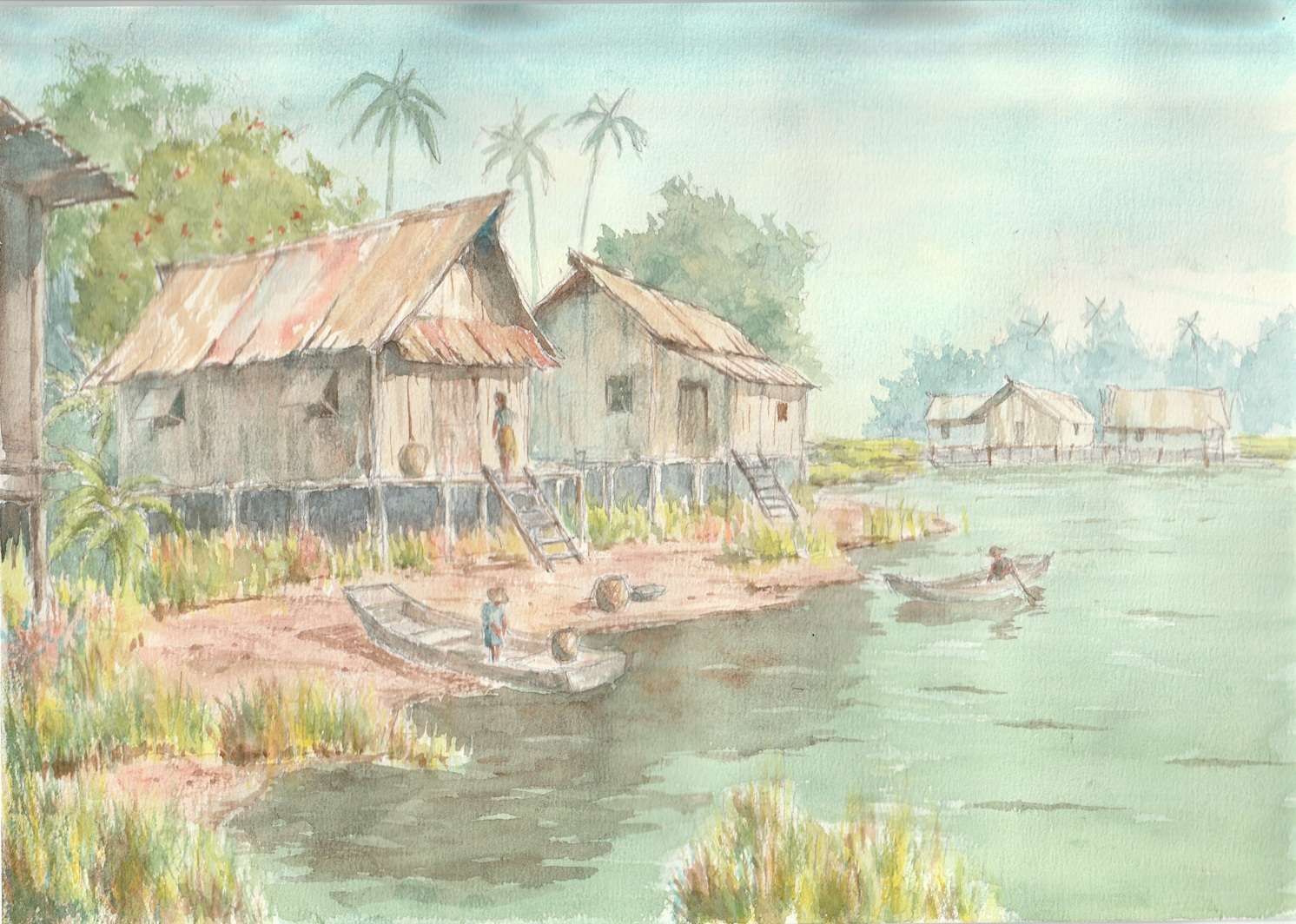 paruperu, original, commentary request, painting (medium), traditional media, watercolor (medium), boat, day, house, ladder, outdoors, palm tree, people, real world location, river, scenery, shore, sky, thailand, tree, water, watercraft
