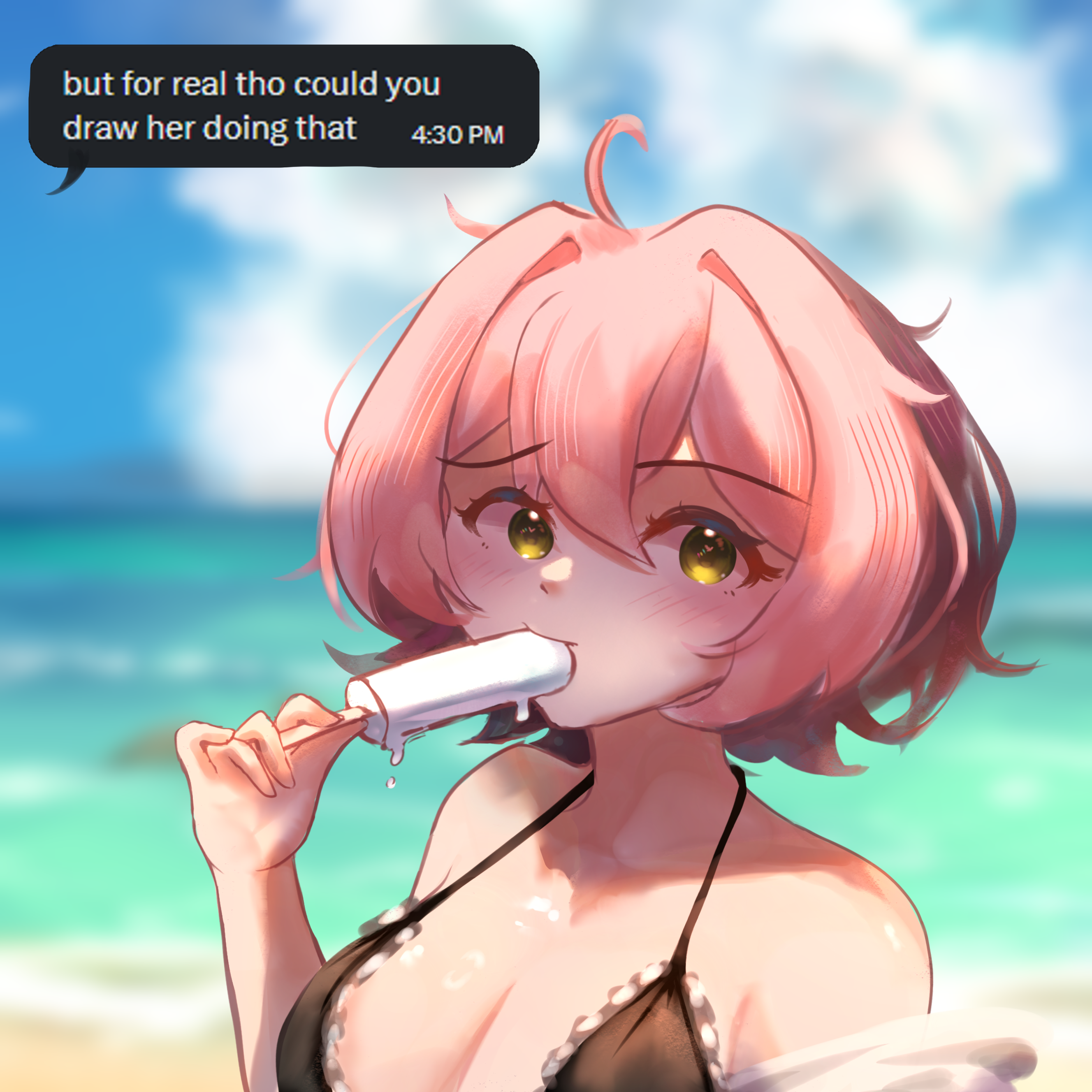 h3p0, pippi (osu!), osu!, absurdres, commentary, english commentary, highres, 1girl, ahoge, armpit crease, bare shoulders, beach, bikini, black bikini, black hair, blurry, blurry background, blush, breasts, cleavage, collarbone, eating, english text, food, food in mouth, frilled bikini, frills, green eyes, hair intakes, halterneck, hand up, holding, holding food, holding popsicle, looking at viewer, medium breasts, melting popsicle, multicolored hair, off shoulder, outdoors, pink hair, popsicle, popsicle in mouth, portrait, request inset, shawl, shiny skin, solo, swimsuit, two-tone hair, white shawl