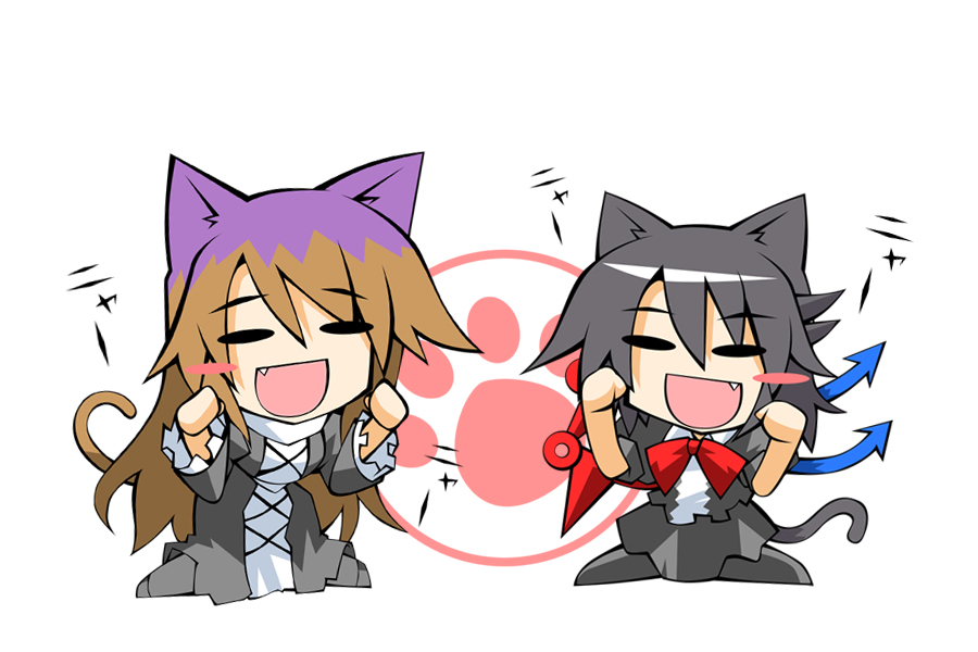 hemogurobin a1c, hemogurobina1c, hijiri byakuren, houjuu nue, touhou, 2girls, animal ears, black hair, cat ears, cat girl, cat tail, chibi, female focus, gradient hair, long hair, multicolored hair, multiple girls, short hair, tail, wings