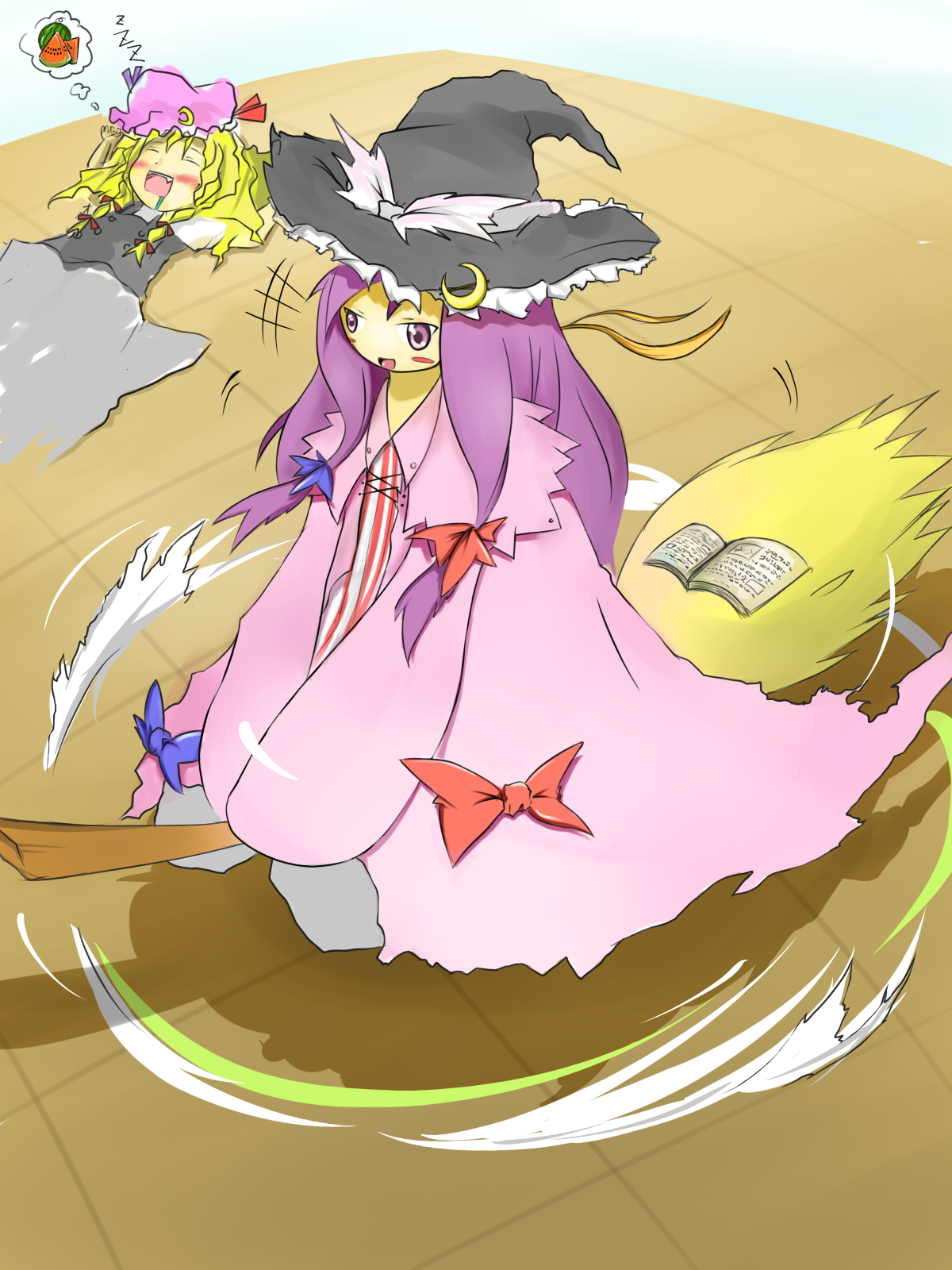 sharurii, kirisame marisa, patchouli knowledge, touhou, bad id, bad pixiv id, highres, 2girls, book, broom, closed eyes, dust, female focus, food, fruit, hat, multiple girls, purple eyes, purple hair, ribbon, saliva, sleeping, watermelon