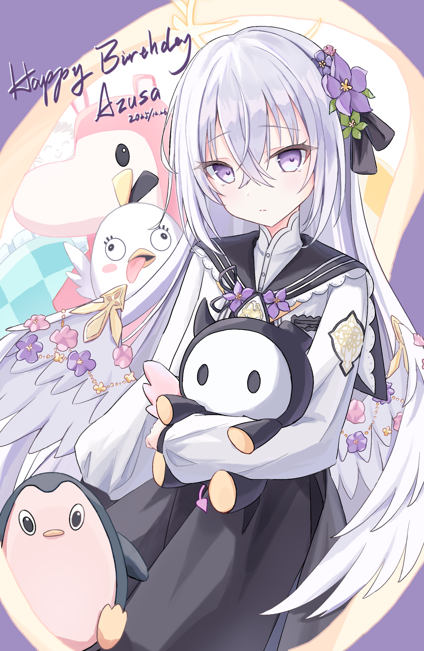 azusa (blue archive), blue archive, commentary request, highres, 1girl, black dress, blush, dress, feathered wings, flower, flower ornament, frown, green flower, hair flower, hair ornament, halo, happy birthday, hugging object, long hair, looking at viewer, pink flower, purple eyes, purple flower, shirt, solo, trinity general school logo, very long hair, white hair, white shirt, white wings, wings, yellow halo, yukari (upuk5277)