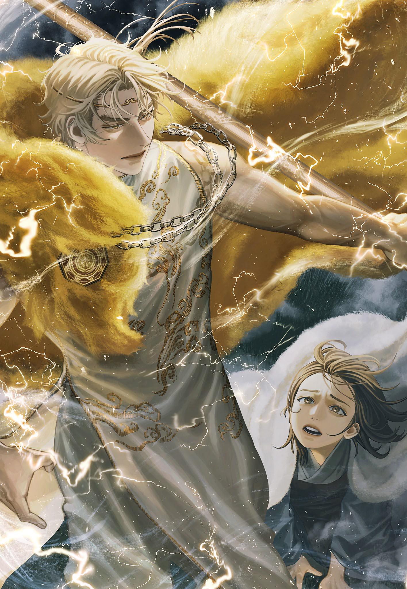 blackbox (blackbox9158), shin yoosung, sun wukong (omniscient reader's viewpoint), omniscient reader's viewpoint, character request, check character, highres, official art, third-party source, 1boy, 1girl, aegyo sal, blonde hair, brown eyes, chain, coat, fur coat, gold trim, lightning, muscular, muscular male, open mouth, outstretched arm, pelvic curtain, serious, shirt, short hair, sidelighting, sleeveless, sleeveless shirt, white changpao, wind, wind lift, yellow eyes