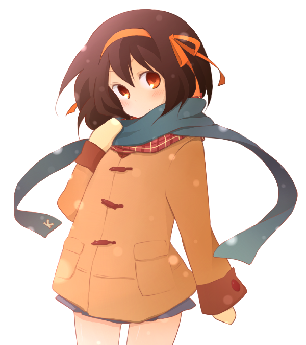 kinokosuke, suzumiya haruhi, suzumiya haruhi no yuuutsu, bad id, bad pixiv id, 00s, 1girl, blush, brown eyes, brown hair, coat, female focus, gloves, hair ribbon, hairband, miniskirt, mittens, ribbon, scarf, short hair, skirt, solo, winter clothes, winter coat