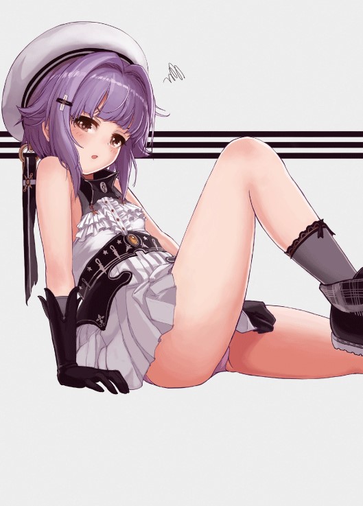 kiichirou, koshimizu sachiko, idolmaster, idolmaster cinderella girls, commentary request, 1girl, bare shoulders, blush, breasts, brown eyes, frilled shirt, frills, gloves, grey panties, hat, looking at viewer, panties, pantyshot, purple hair, shirt, short hair, sitting, skirt, small breasts, socks, solo, squiggle, underwear