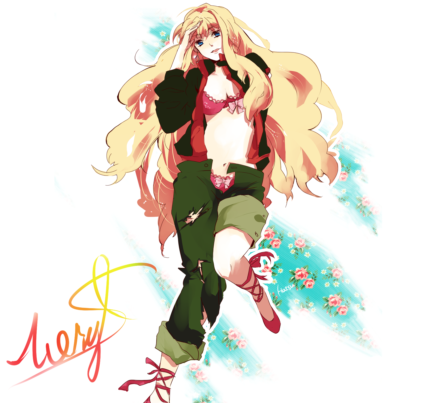 hatsuko, sheryl nome, macross, macross frontier, cross-laced footwear, bad id, bad pixiv id, highres, 00s, 1girl, asymmetrical clothes, ballet slippers, blonde hair, blue eyes, bra, breasts, cleavage, earrings, female focus, footwear ribbon, jacket, jewelry, lingerie, long hair, midriff, navel, open clothes, open fly, open jacket, open shorts, panties, pants, ribbon, salute, shorts, single pantsleg, solo, torn clothes, torn pants, underwear, unzipped