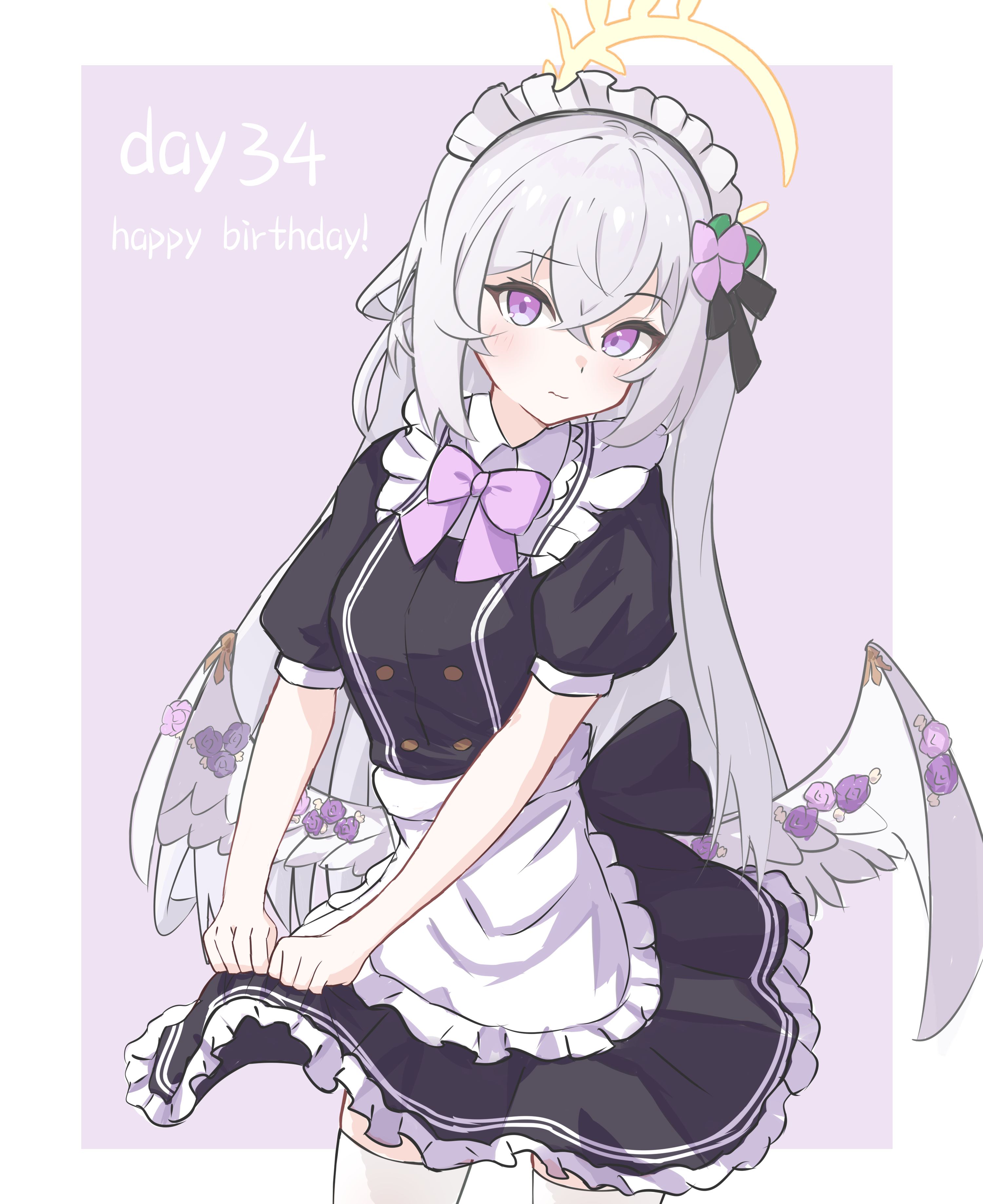 ice orange lovegg, azusa (blue archive), blue archive, absurdres, commentary request, highres, 1girl, alternate costume, apron, black dress, blush, breasts, buttons, double-breasted, dress, enmaided, feathered wings, flower, flower ornament, frilled dress, frills, hair between eyes, halo, happy birthday, long hair, maid, maid headdress, nervous, pink flower, purple eyes, purple flower, skirt hold, small breasts, solo, very long hair, waist apron, wavy mouth, white apron, white hair, white wings, wings, yellow halo