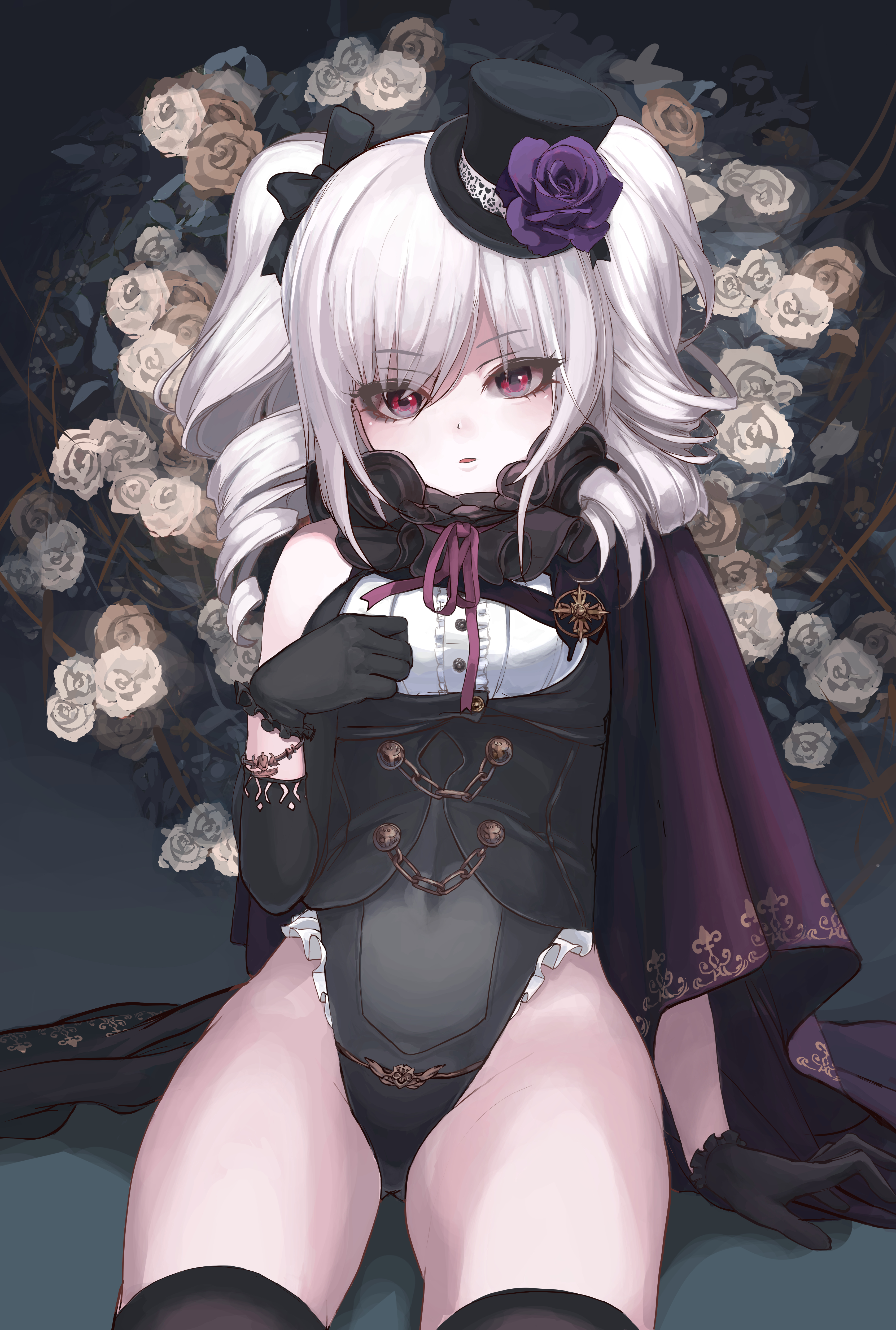 kiichirou, kanzaki ranko, idolmaster, idolmaster cinderella girls, absurdres, highres, 1girl, breasts, cape, drill hair, flower, flower wreath, gloves, hat, leotard, long hair, looking at viewer, parted lips, red eyes, rose, small breasts, solo, thighhighs, top hat, twin drills, white hair