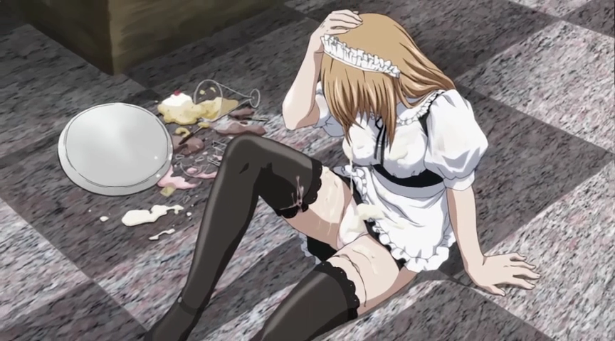 sonsaku hakufu, ikkitousen, ikkitousen great guardians, 00s, 1girl, apron, arm support, blonde hair, broken glass, fallen down, female focus, food, glass, hairband, ice cream, long hair, maid, maid apron, maid headdress, panties, pantyshot, parfait, sitting, solo, suggestive fluid, thighhighs, tray, underwear, waitress, white panties