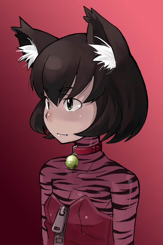 ookamiuo, original, 1girl, animal ears, bell, brown hair, cat ears, cat girl, collar, fang, female focus, gradient background, neck bell, slit pupils, solo, yellow eyes, zipper