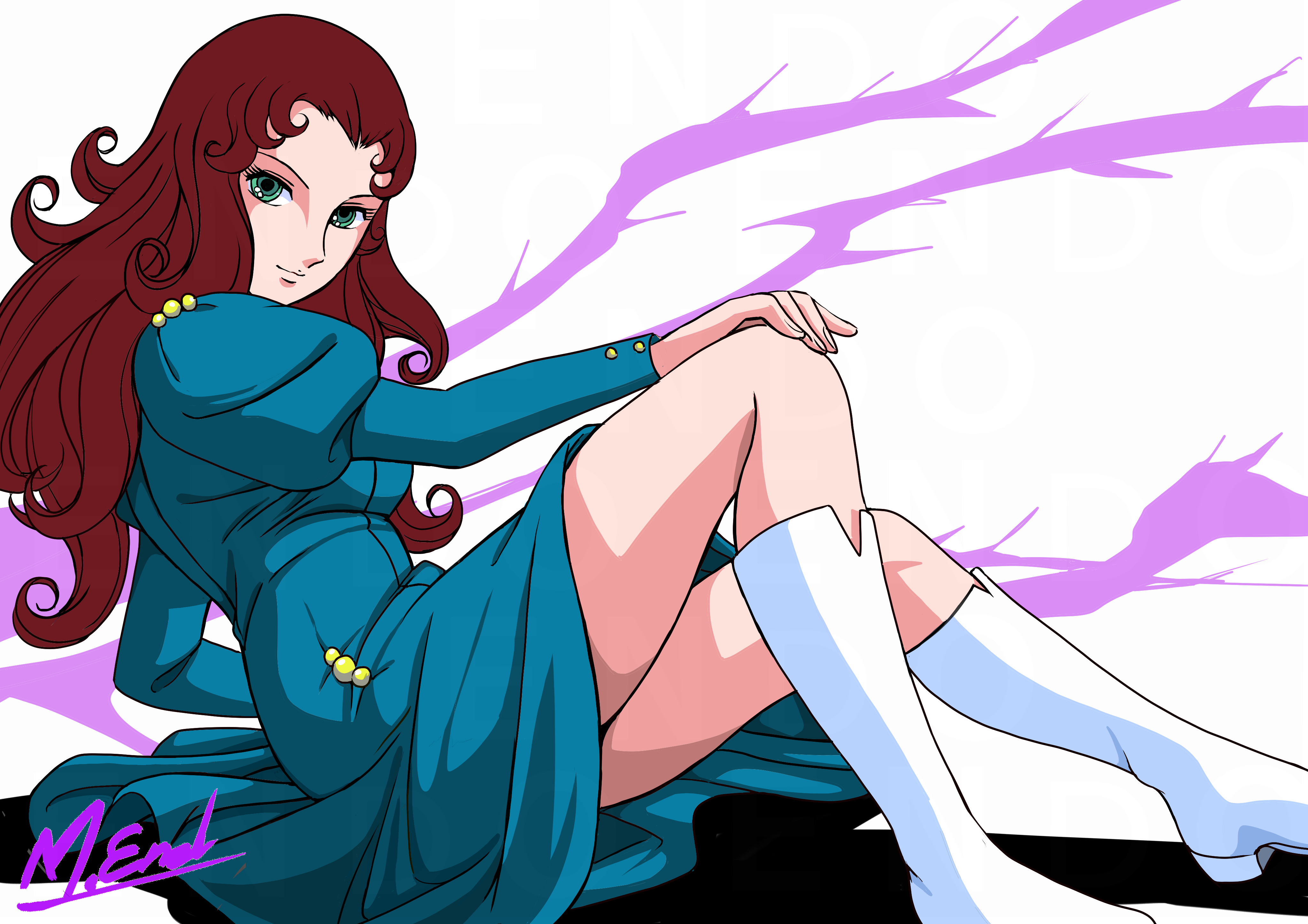 masaaki endo, hana no ko lunlun, absurdres, commentary request, highres, 1girl, aqua dress, artist name, boots, brown hair, closed mouth, dress, green eyes, hand on own knee, juliet sleeves, leaning back, long hair, long sleeves, looking at viewer, puffy sleeves, signature, sitting, smile, solo, thorns, togenishia, white background, white boots