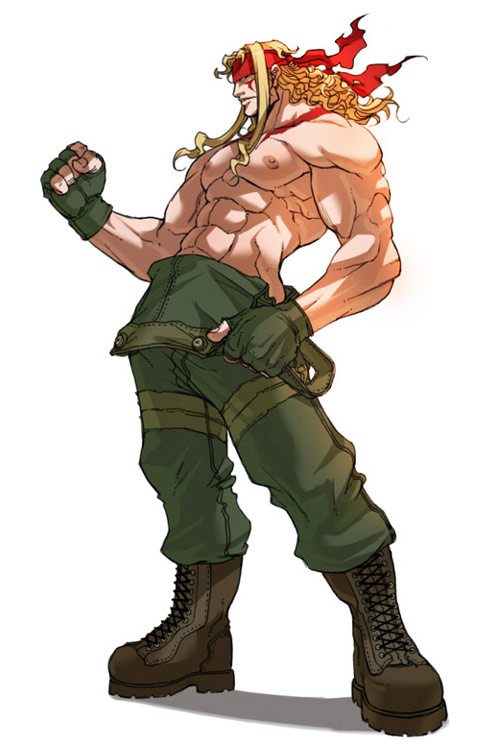 falcoon, alex (street fighter), capcom, street fighter, street fighter iii (series), 1boy, abs, blonde hair, boots, brown boots, fingerless gloves, full body, gloves, green overalls, headband, lace-up boots, legs apart, male focus, muscular, nipples, overalls, pectorals, simple background, solo, standing, topless male, white background