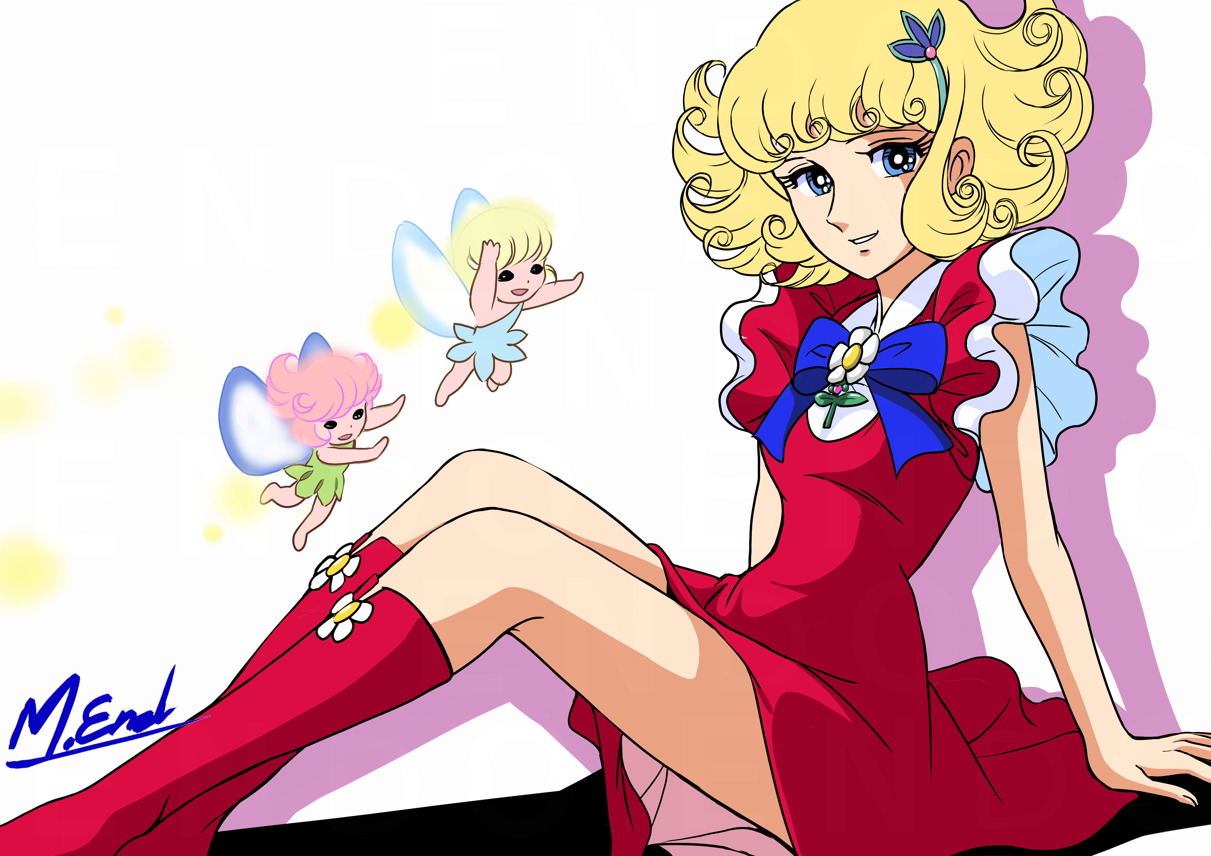 masaaki endo, lunlun, hana no ko lunlun, absurdres, commentary request, highres, 3girls, artist name, blonde hair, blue bow, blue bowtie, blue dress, blue eyes, boots, bow, bowtie, brooch, closed mouth, dress, drop shadow, fairy, fairy wings, flower, flower brooch, flying, footwear flower, frilled dress, frills, green dress, hair ornament, jewelry, medium hair, multiple girls, open mouth, parted lips, pink hair, red boots, red dress, signature, sitting, smile, white background, white flower, wings