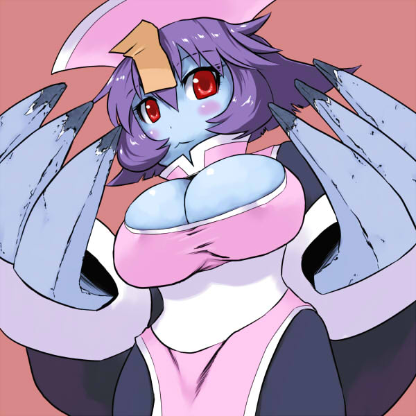 tsukudani (coke-buta), hsien-ko, capcom, darkstalkers, bad id, bad pixiv id, 1girl, blue skin, breasts, cleavage, cleavage cutout, clothing cutout, colored skin, demon girl, female focus, flipped hair, hat, huge breasts, jiangshi, purple hair, qingdai guanmao, red eyes, short hair, solo