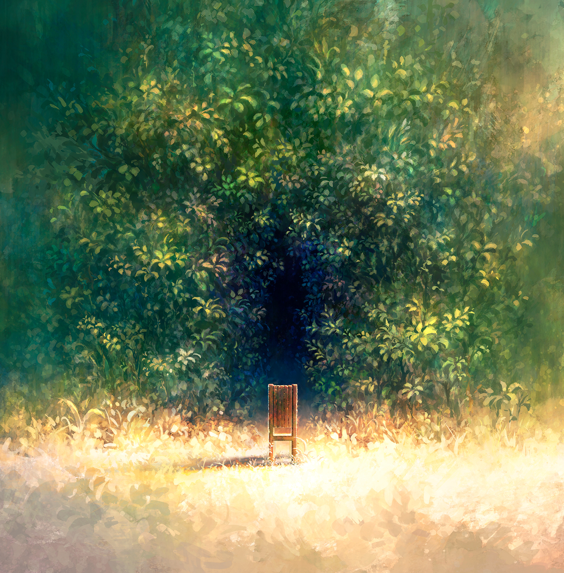 heriki (trkj), original, commentary request, highres, chair, day, foliage, nature, no humans, outdoors, path, road, scenery, wooden chair