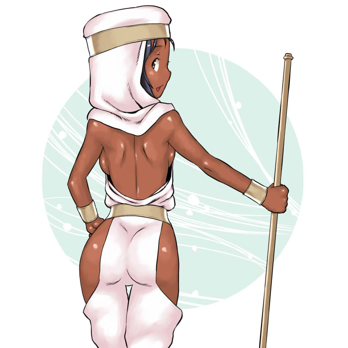 tsukudani (coke-buta), rapha galthena, final fantasy, final fantasy tactics, bad id, bad pixiv id, 1girl, ass, back, backboob, breasts, dark-skinned female, dark skin, female focus, headband, hood, looking back, no bra, no panties, sideboob, solo, staff