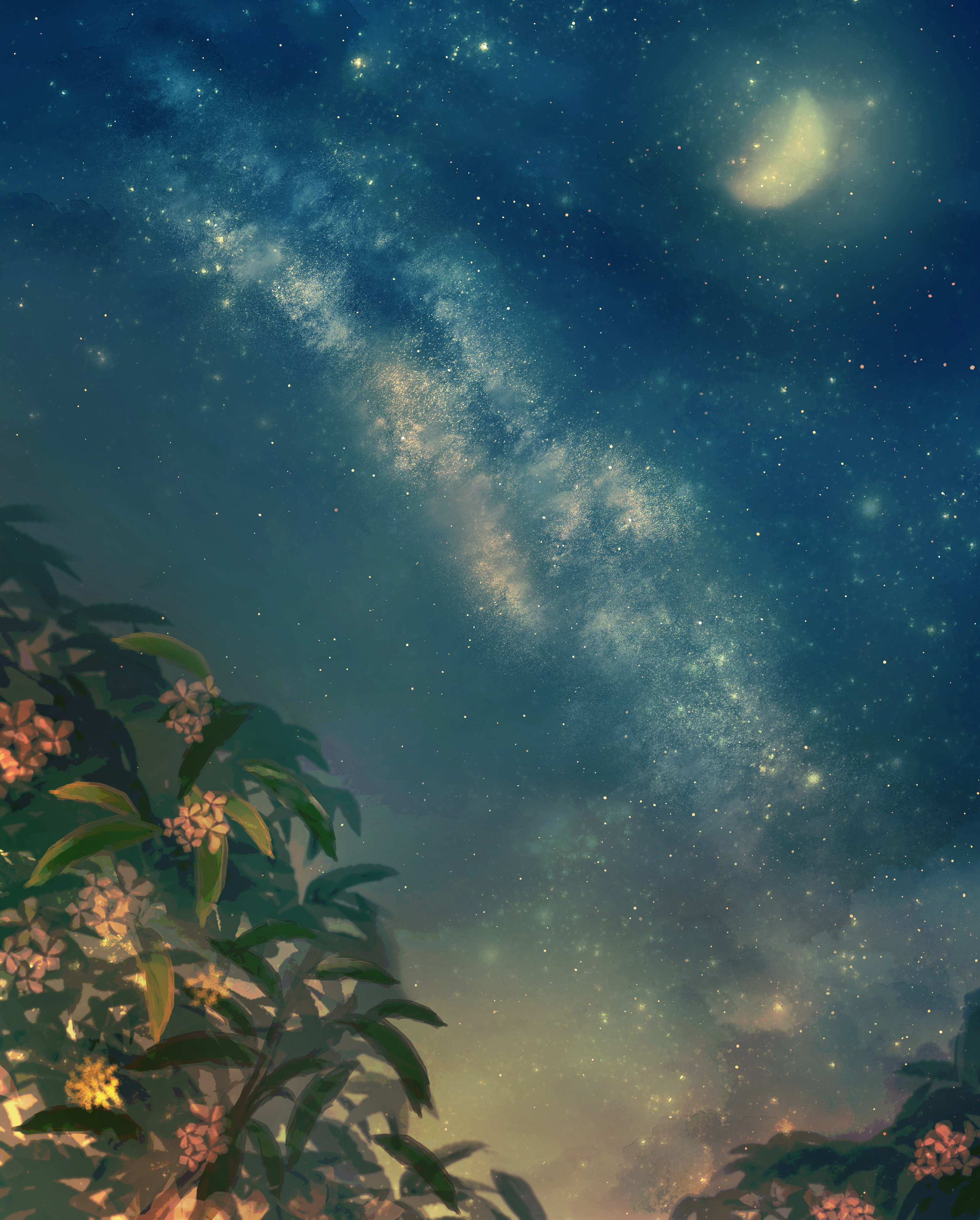 miho illust, original, absurdres, commentary, highres, flower, gold osmanthus, milky way, night, no humans, outdoors, plant, scenery, sky, sky focus, star (sky), starry sky