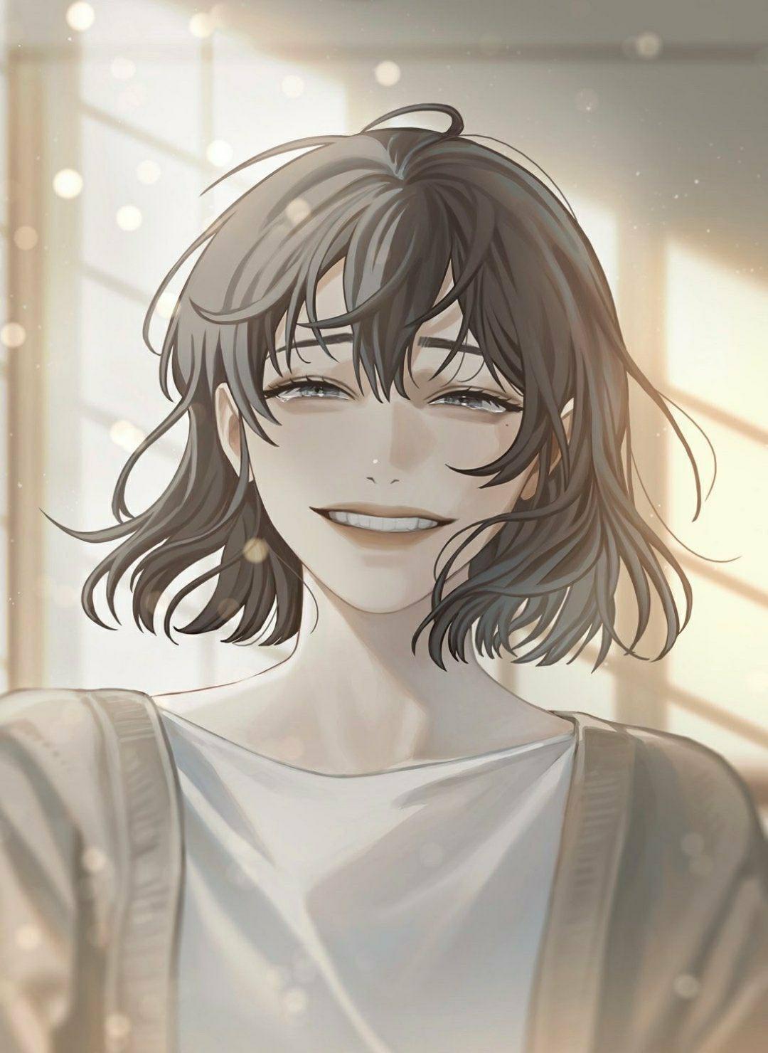 blackbox (blackbox9158), han sooyoung, omniscient reader's viewpoint, highres, official art, third-party source, 1girl, ahoge, black hair, bob cut, cardigan, grey eyes, grin, half-closed eyes, light particles, looking at viewer, shirt, short hair, smile, solo, upper body, white shirt