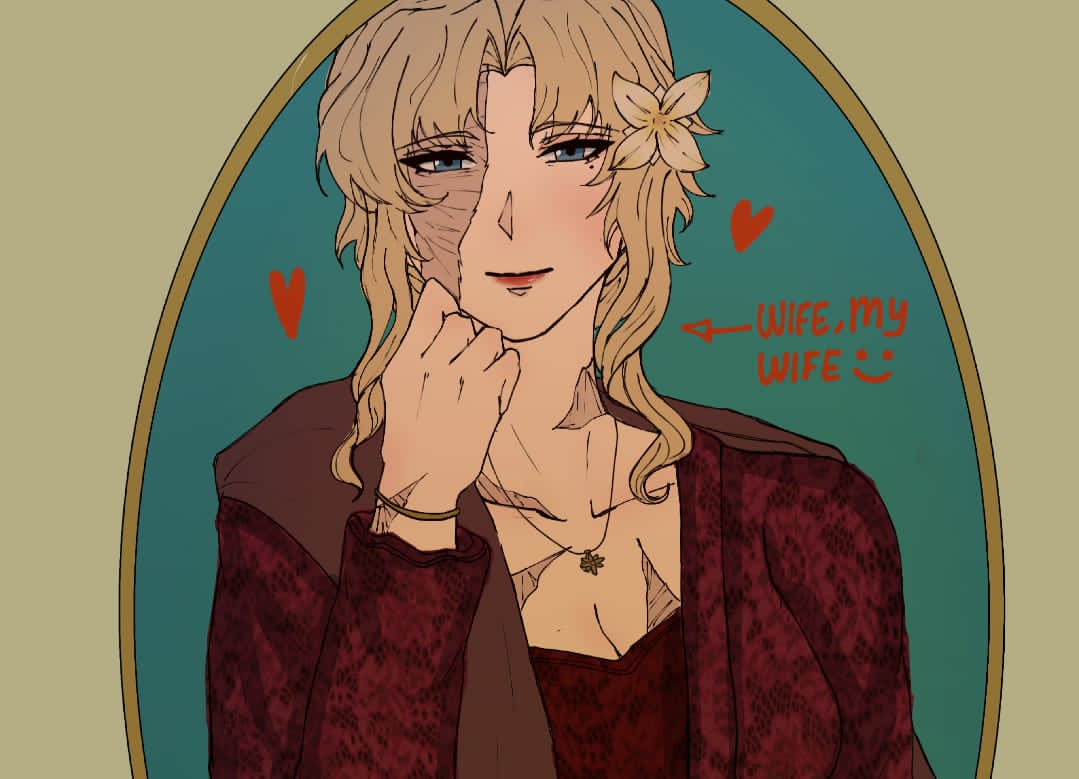 balalaika (black lagoon), black lagoon, 1girl, blonde hair, blue background, blue eyes, breasts, cleavage, closed mouth, coat, english text, grey background, hand up, long sleeves, looking at viewer, medium hair, red coat, scar, scar on arm, scar on breasts, scar on face, scar on neck, solo, supernouvva, upper body