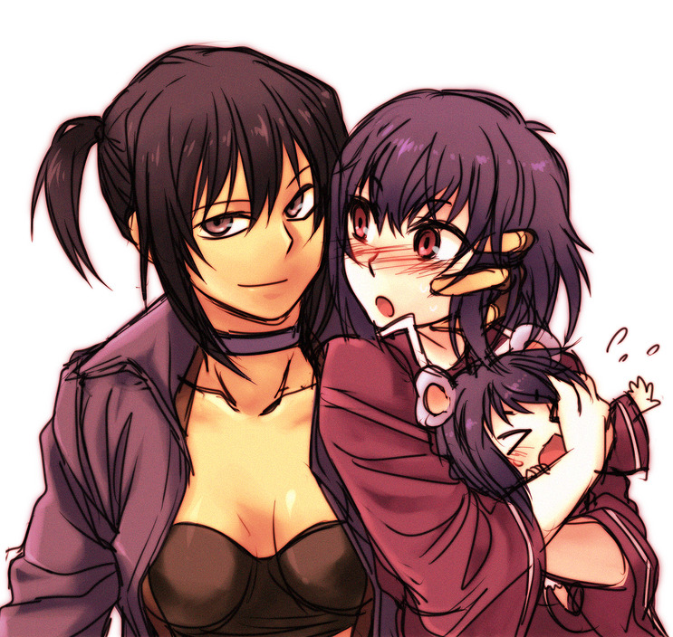 re ghotion, alphard (canaan), liang qi, 428, 428: fuusa sareta shibuya de, canaan (series), chunsoft, > <, 2girls, animal ears, black hair, blue hair, blush, brown eyes, closed eyes, dual persona, multiple girls, ponytail, red eyes, short hair, yuri