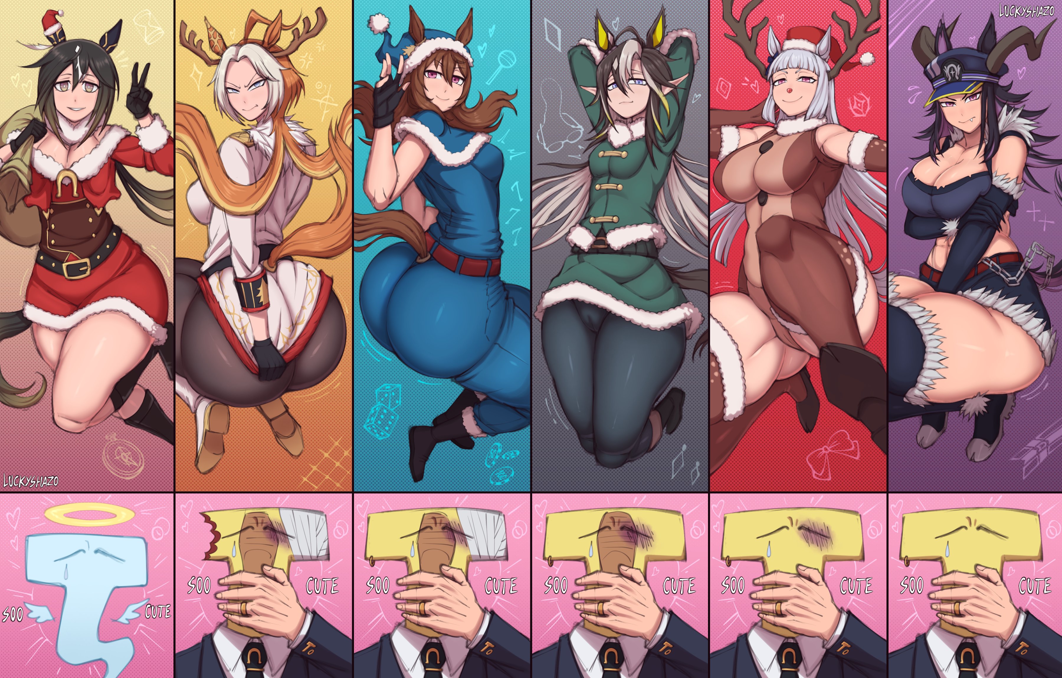 shaz (luckyshazo), dream journey (umamusume), fenomeno (umamusume), gold ship (umamusume), nakayama festa (umamusume), orfevre (umamusume), rudolph the red nosed reindeer, stay gold (umamusume), t-head trainer (umamusume), trainer (umamusume), umamusume, absurdres, highres, 1boy, 6+girls, alternate ass size, alternate body size, alternate breast size (larger), alternate costume, animal costume, animal ears, antlers, arms up, ass, bandaged head, bandages, belt, black hair, blonde hair, boots, breasts, brown hair, bruise, bruised eye, cameltoe, capelet, cleavage, closed mouth, clothing cutout, cosplay, crying, elbow gloves, extra ears, fake antlers, fake nose, fingerless gloves, formal clothes, ghost, gloves, gluteal fold, grey hair, halo, hand up, hat, holding, holding sack, horns, horse ears, horse girl, horse tail, huge ass, huge breasts, injury, jacket, jewelry, large breasts, leotard, long sleeves, looking at viewer, medium breasts, mini hat, multicolored hair, multiple girls, necktie, open clothes, open vest, pants, pantyhose, peaked cap, pointy ears, ponytail, purple hair, red nose, reindeer antlers, reindeer costume, ring, rudolph the red nosed reindeer (cosplay), sack, santa costume, santa hat, shorts, skirt, skirt tug, smile, split ponytail, stay gold clan (umamusume), suit, tail, tail through clothes, thick thighs, thighhighs, thighs, v, v-shaped eyebrows, vest, white hair, wide hips