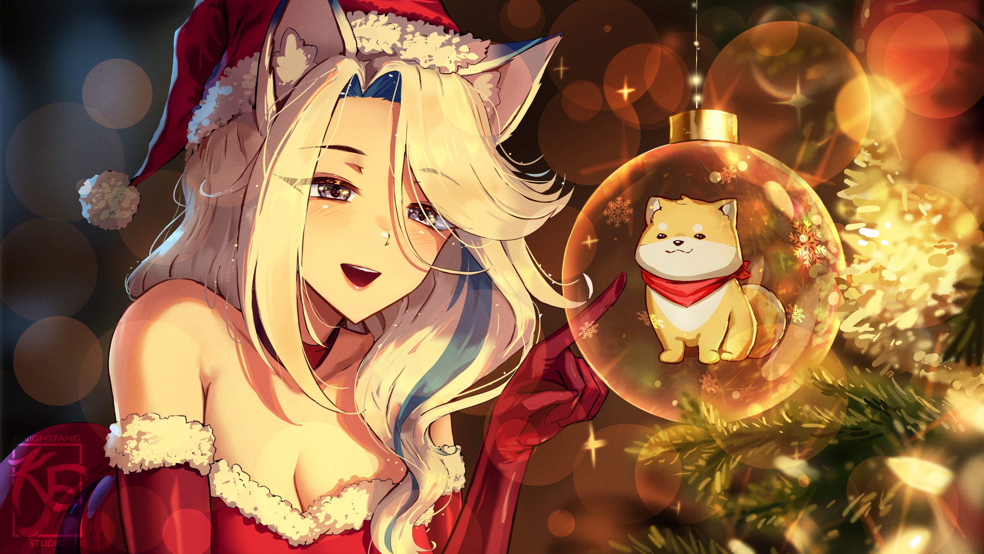 knightfang, indie virtual youtuber, absurdres, highres, 1girl, animal ear fluff, animal ears, artist logo, artist name, blue hair, blue streaks, breasts, christmas ornaments, cleavage, colored inner hair, dress, elbow gloves, fur-trimmed dress, fur-trimmed gloves, fur trim, gloves, grey eyes, hat, logo, multicolored hair, open mouth, pom pom (clothes), red dress, red gloves, red hat, santa costume, santa dress, santa hat, shiba inu, streaked hair, tonight (vtuber), virtual youtuber, white hair