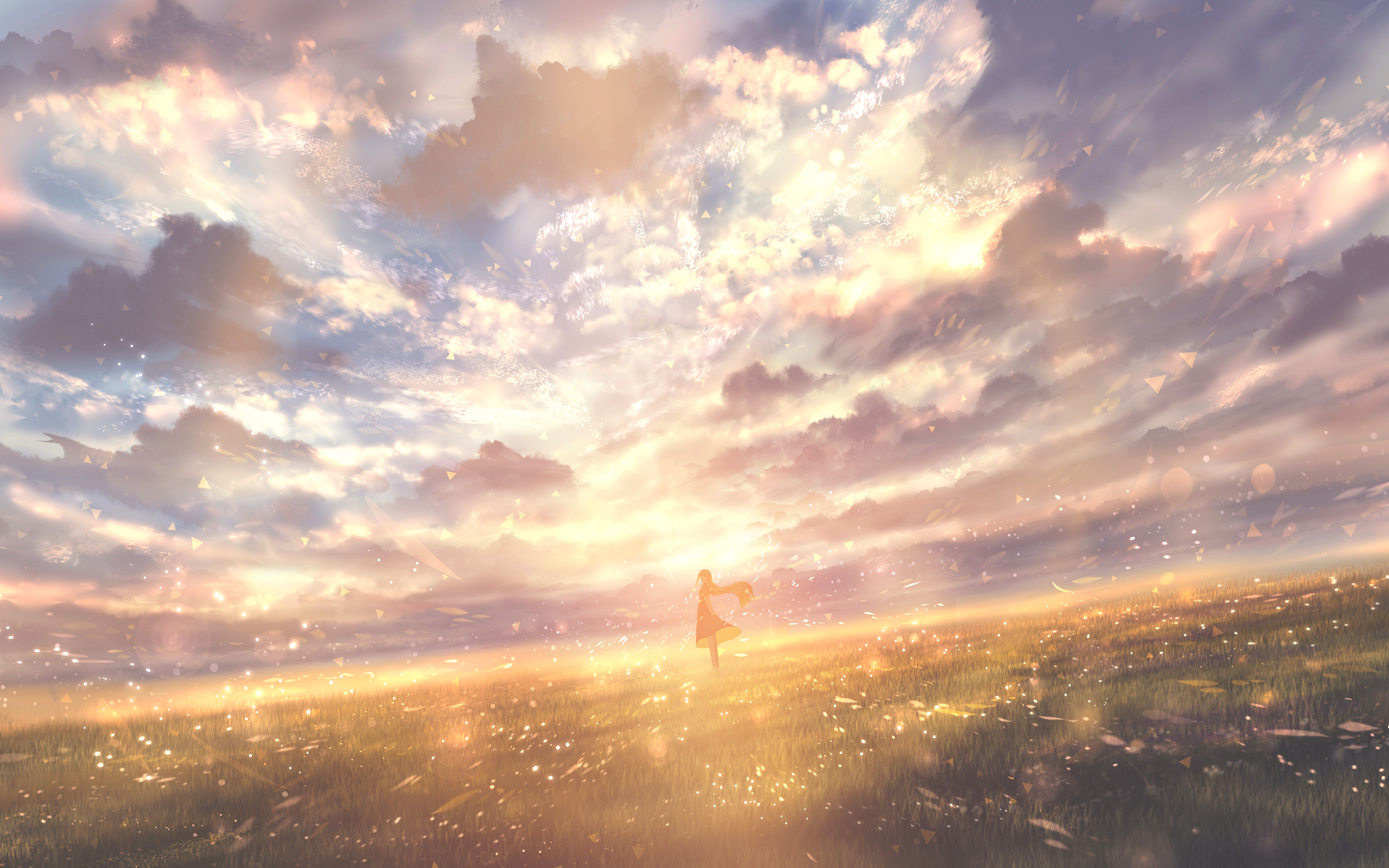 sakimori (hououbds), original, commentary request, highres, 1girl, cloud, cloudy sky, dress, dutch angle, evening, floating hair, from side, horizon, landscape, long hair, meadow, outdoors, scenery, sky, sky focus, solo, standing, wide shot