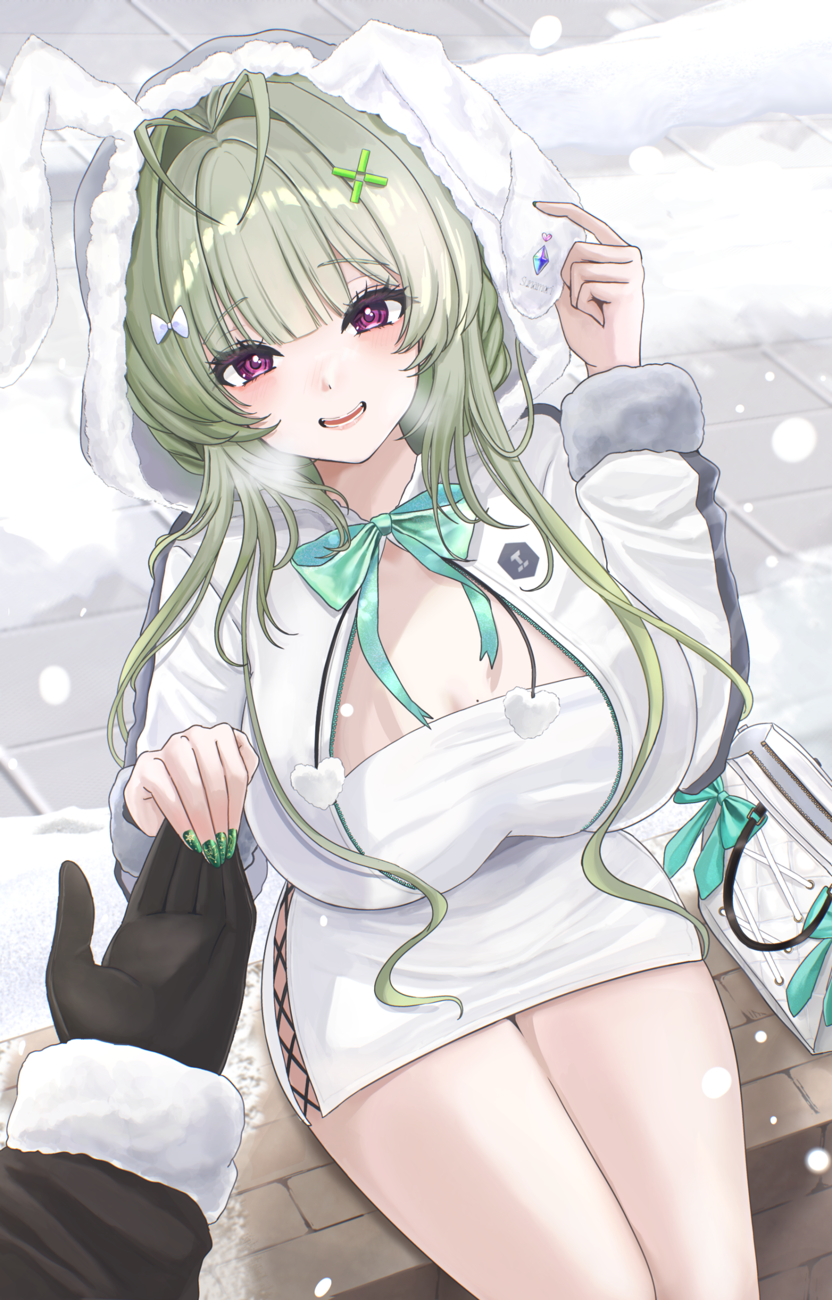 sunameri (pixiv3564245), soda (nikke), goddess of victory: nikke, absurdres, highres, 1boy, 1girl, :d, animal ears, antenna hair, aqua bow, aqua bowtie, black gloves, blush, bow, bowtie, breasts, day, dress, fake animal ears, fur-trimmed sleeves, fur trim, gloves, green hair, hair bow, hetero, holding hands, hood, hood up, hooded jacket, jacket, large breasts, long hair, long sleeves, looking at viewer, open clothes, open jacket, open mouth, outdoors, pov, purple eyes, rabbit ears, short dress, sitting, smile, snow, snowing, solo focus, white bow, white dress, white jacket, winter